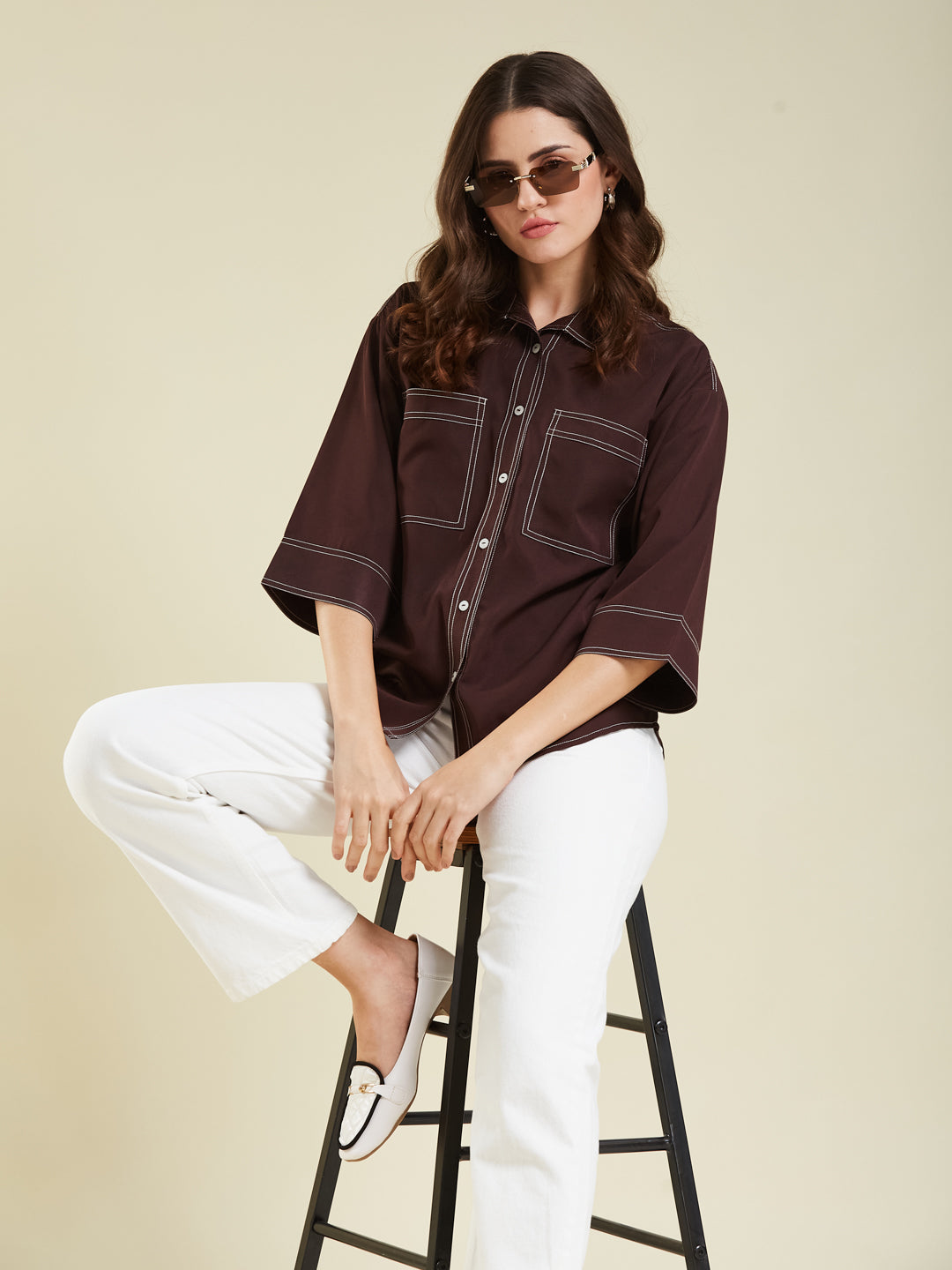 Coffee Crepe Plain Regular shirt for woman