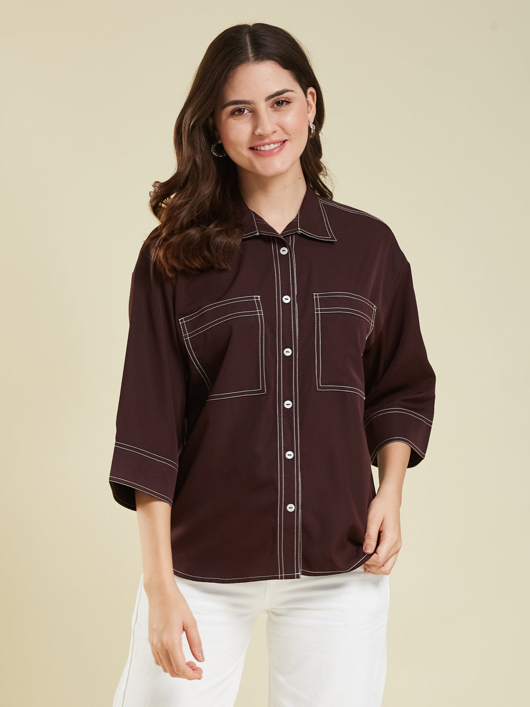 Coffee Crepe Plain Regular shirt for woman
