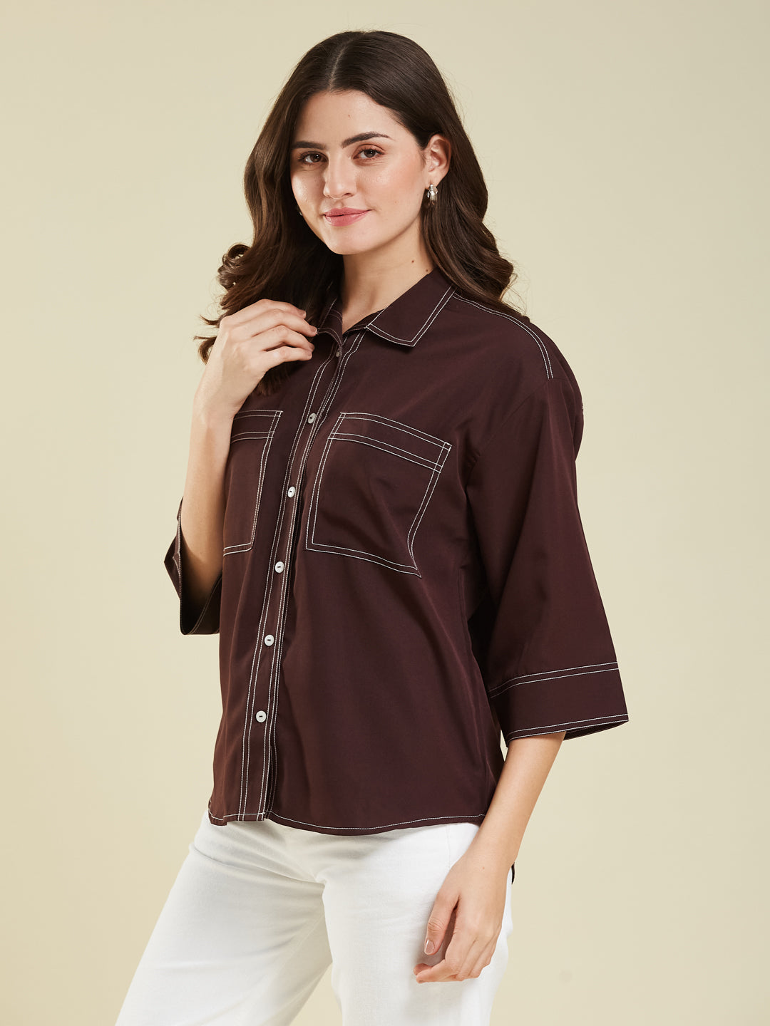 Coffee Crepe Plain Regular shirt for woman