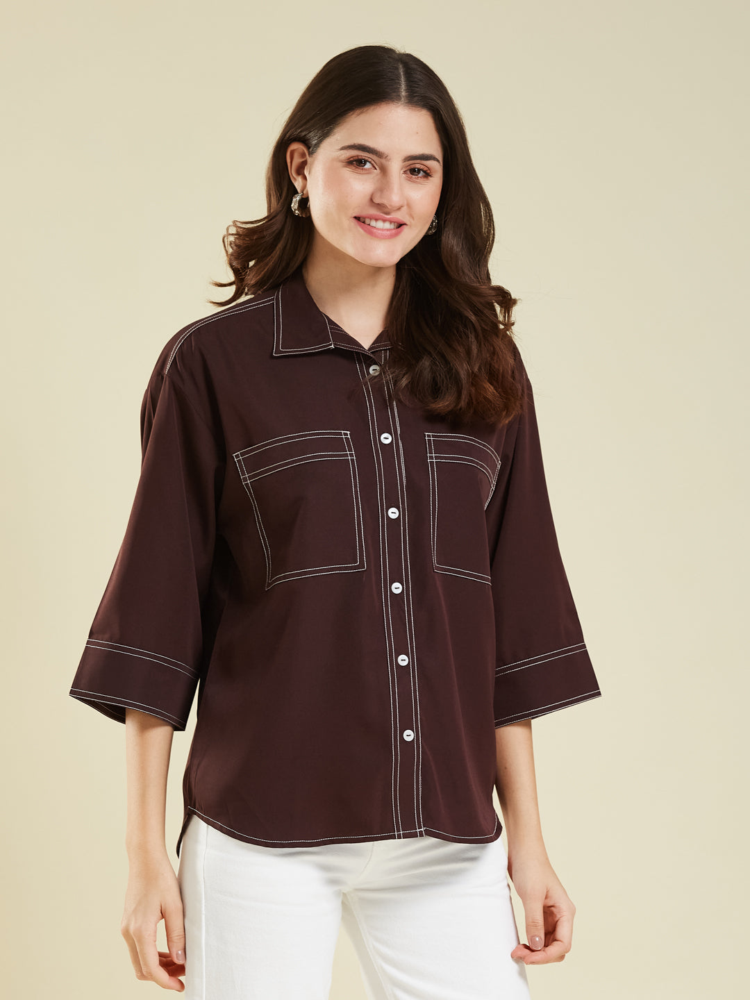 Coffee Crepe Plain Regular shirt for woman