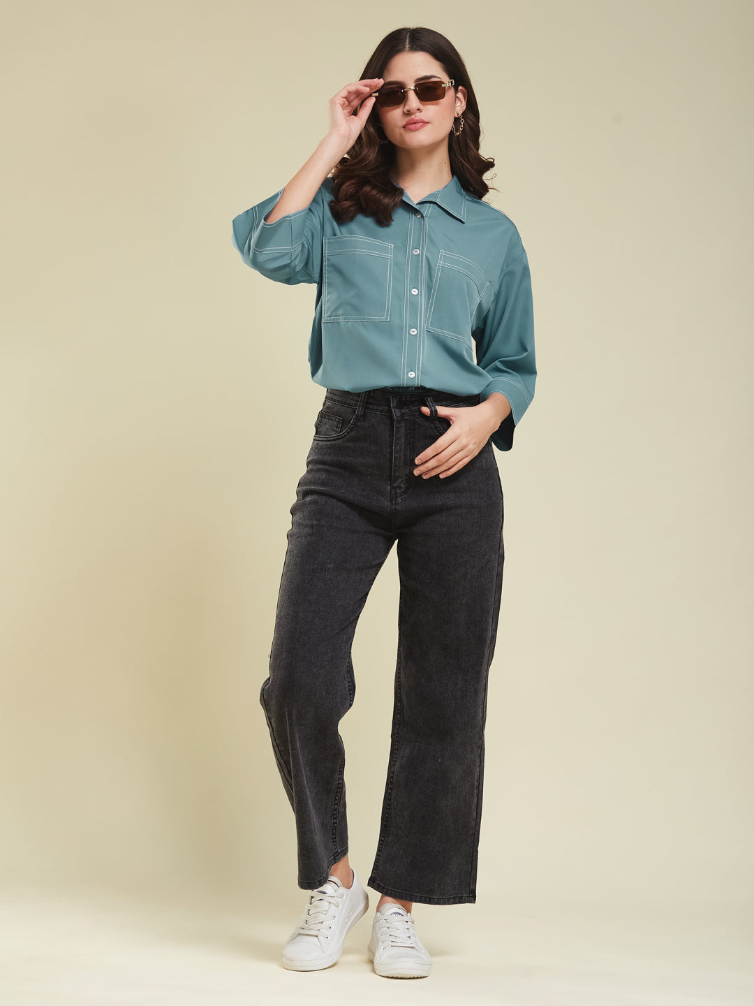 Denim Blue Crepe Plain Regular shirt for woman