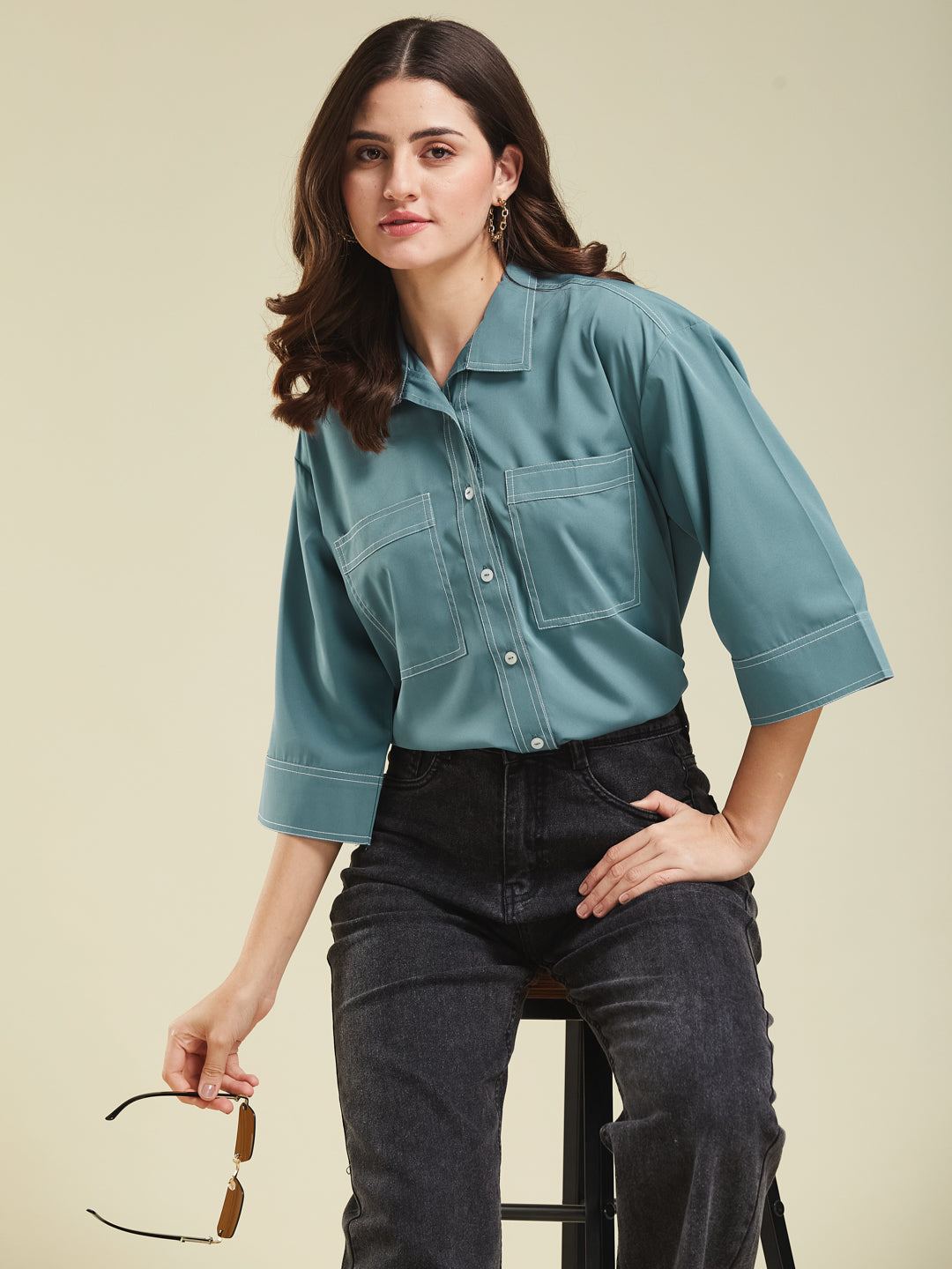 Denim Blue Crepe Plain Regular shirt for woman