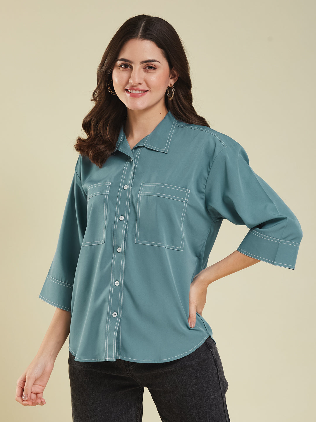 Denim Blue Crepe Plain Regular shirt for woman