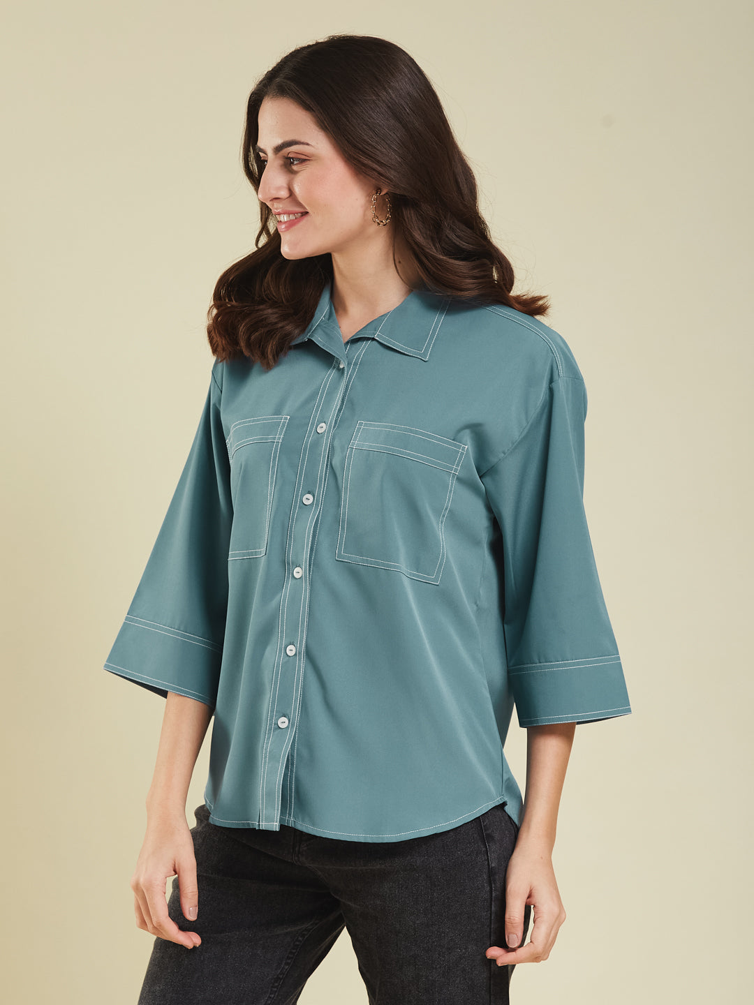 Denim Blue Crepe Plain Regular shirt for woman