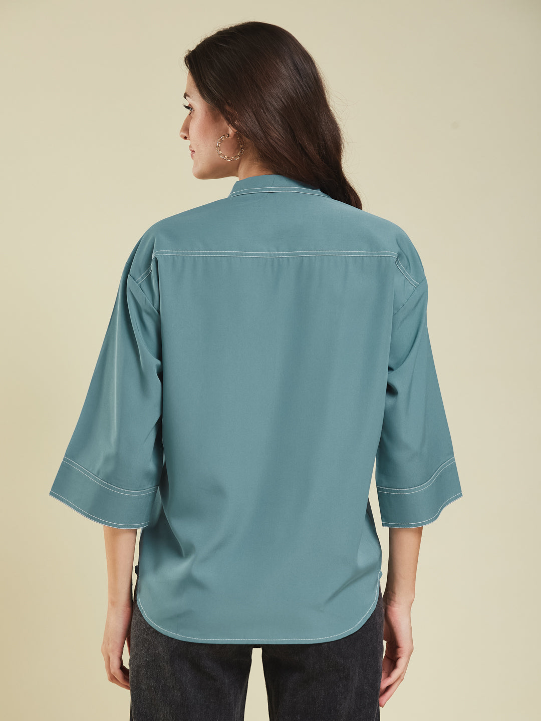 Denim Blue Crepe Plain Regular shirt for woman