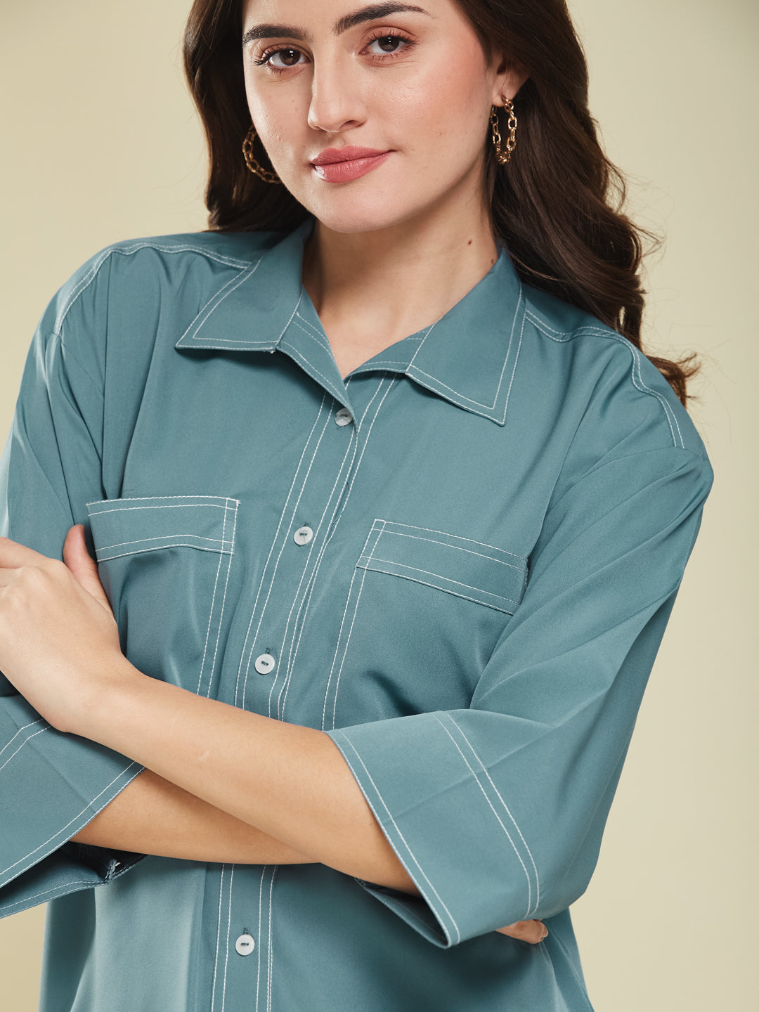 Denim Blue Crepe Plain Regular shirt for woman