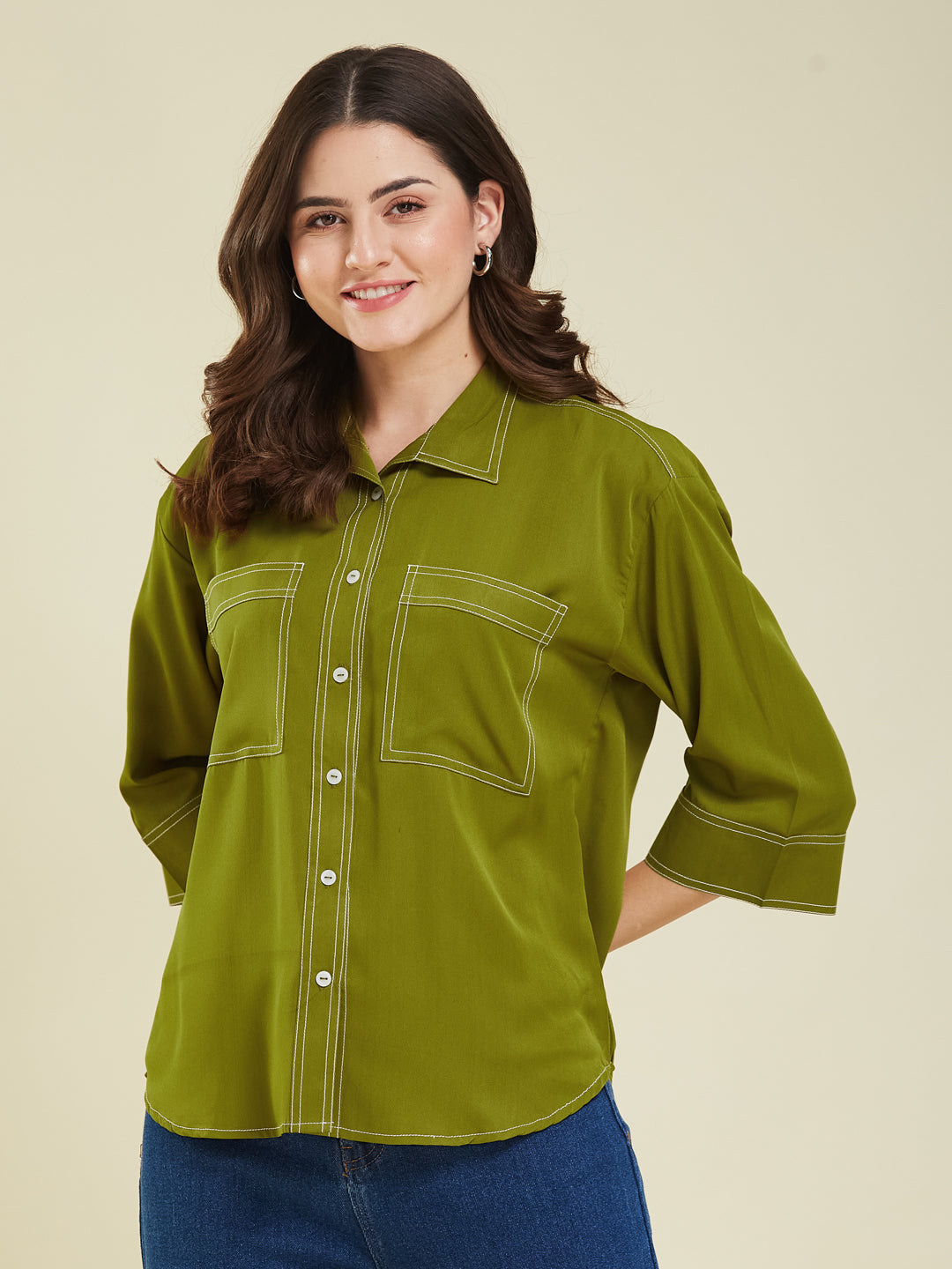 Olive Crepe Plain Regular shirt for woman