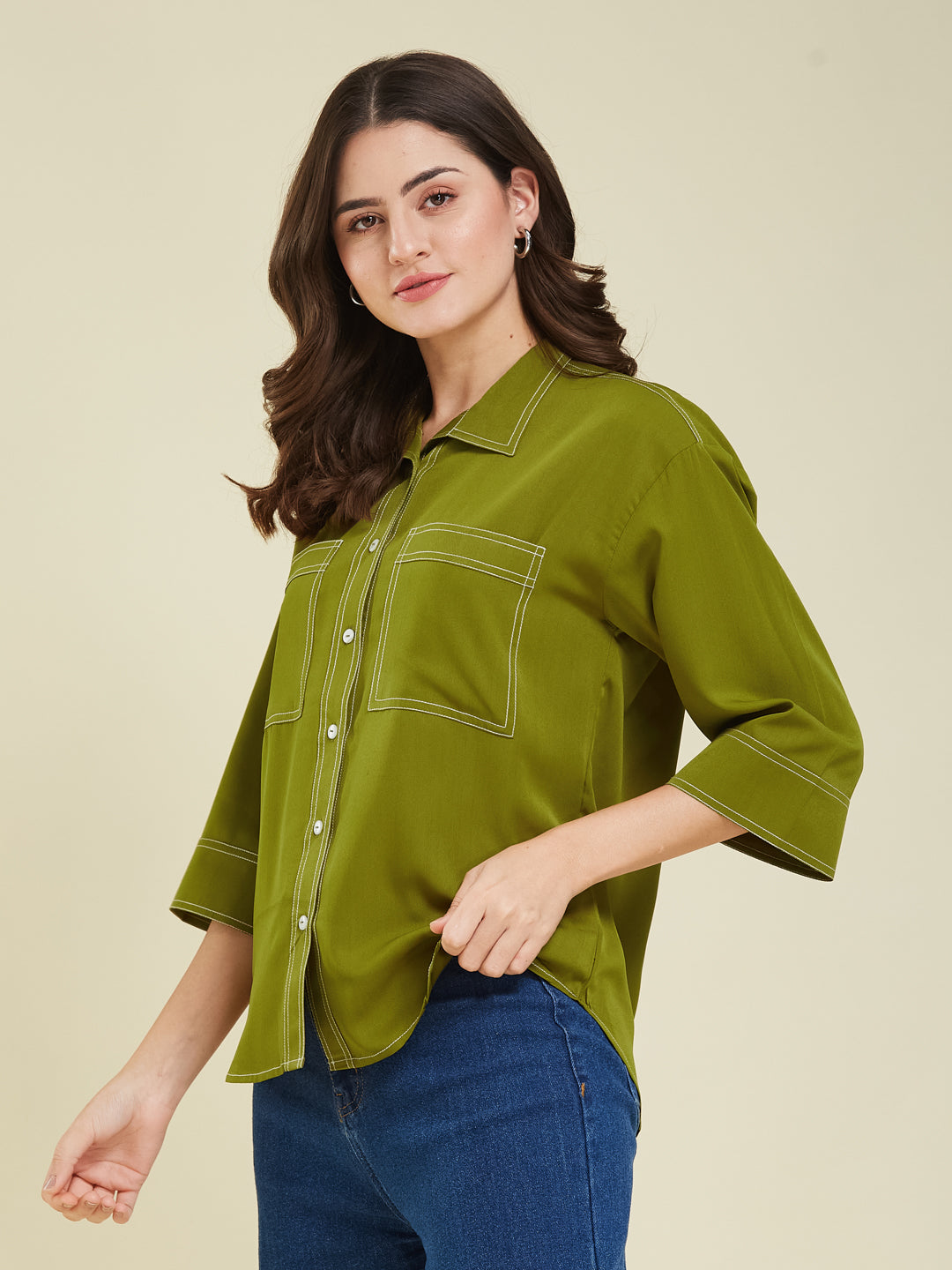 Olive Crepe Plain Regular shirt for woman