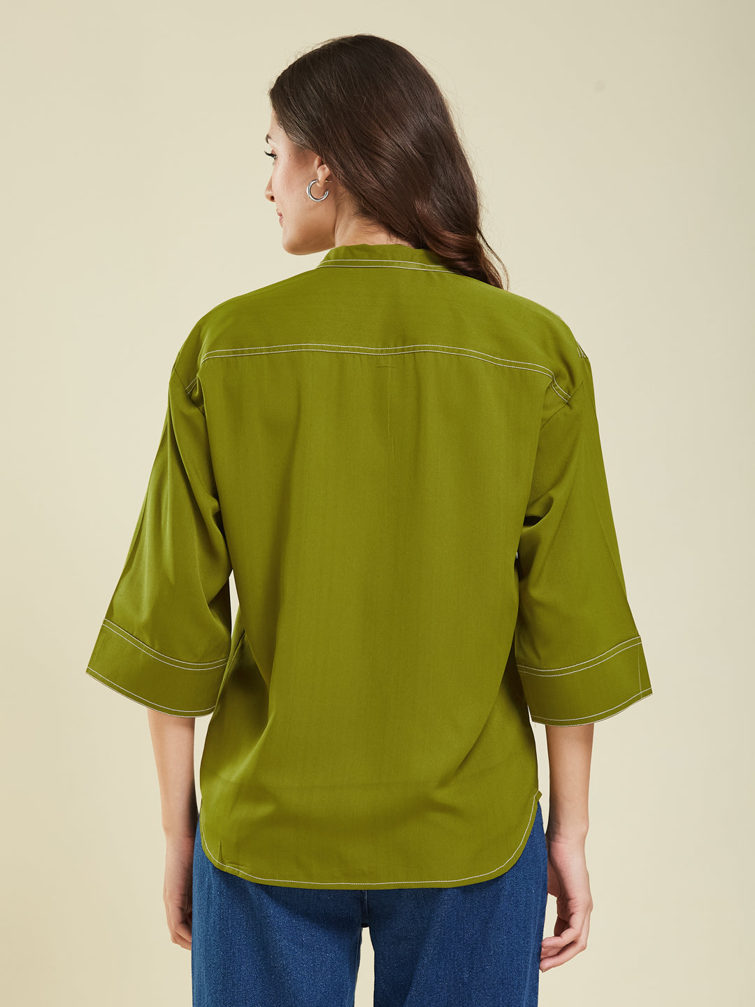 Olive Crepe Plain Regular shirt for woman