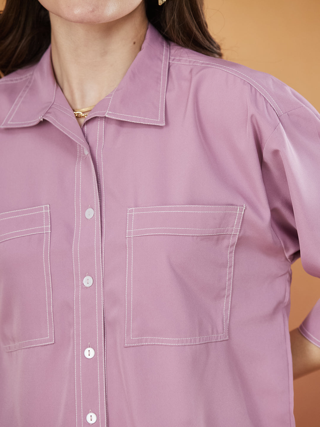 Pink Crepe Plain Regular shirt for woman