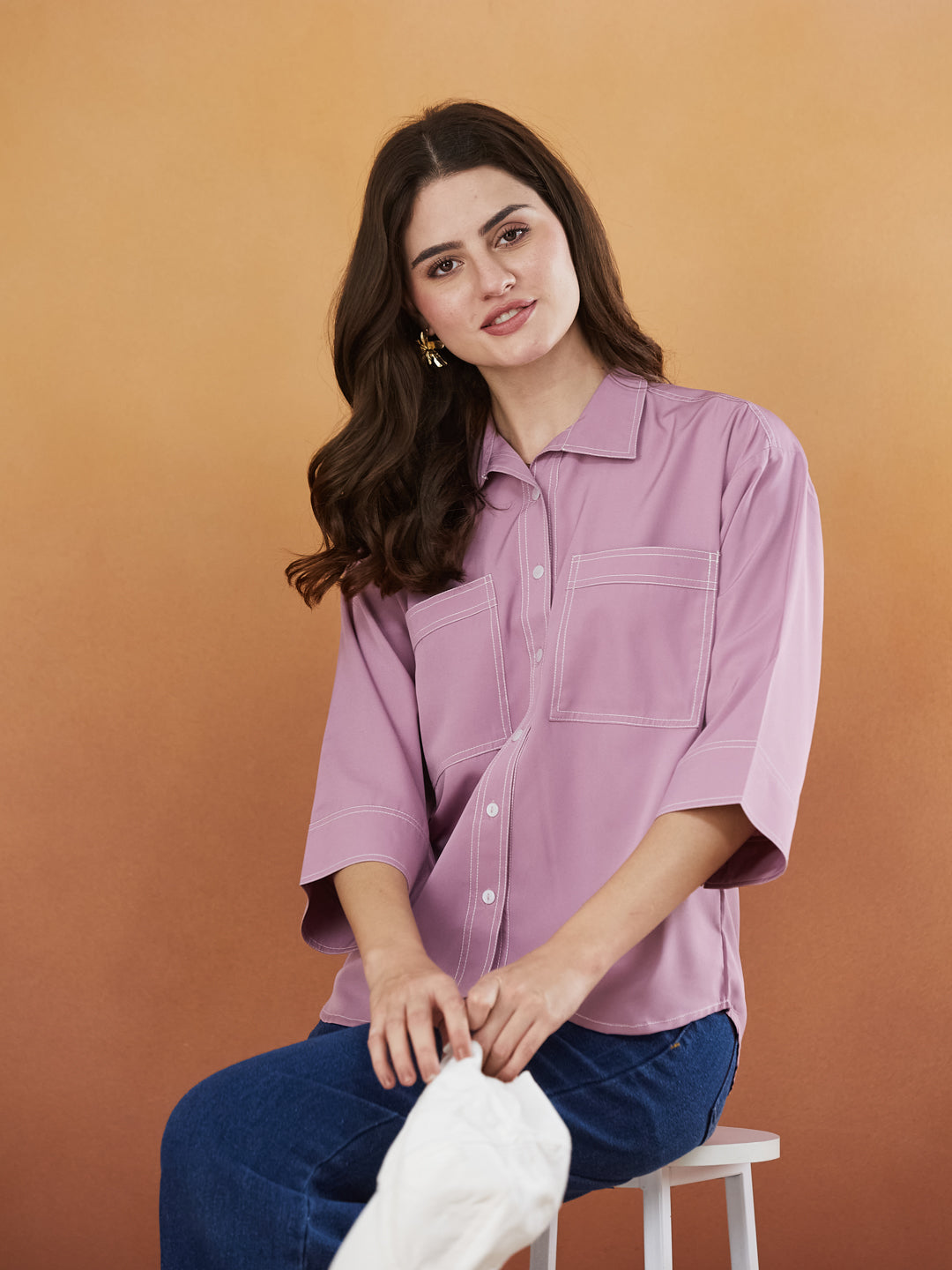 Pink Crepe Plain Regular shirt for woman