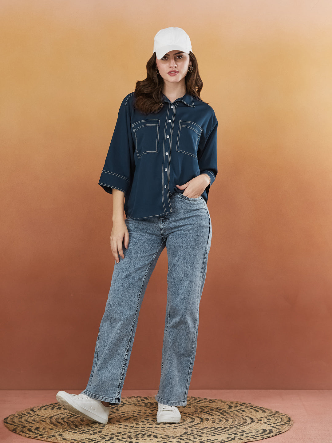 Navy Blue Crepe Plain Regular shirt for woman