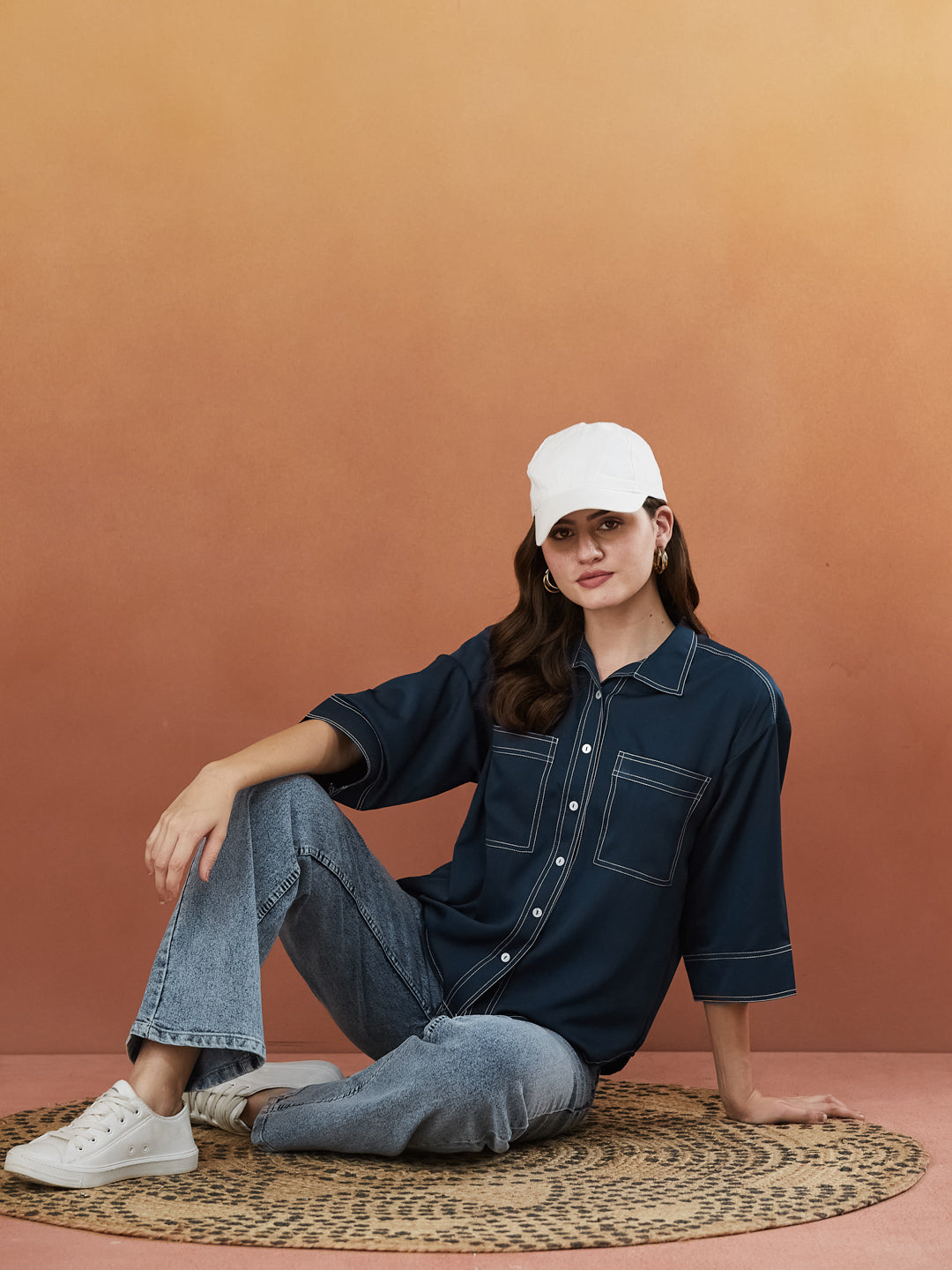 Navy Blue Crepe Plain Regular shirt for woman