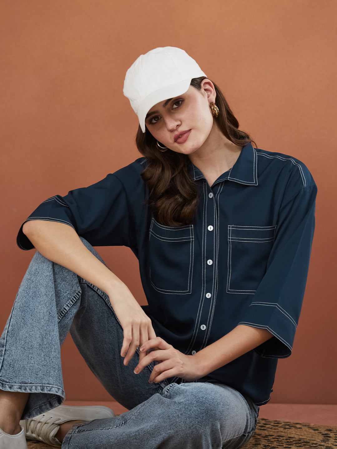 Navy Blue Crepe Plain Regular shirt for woman
