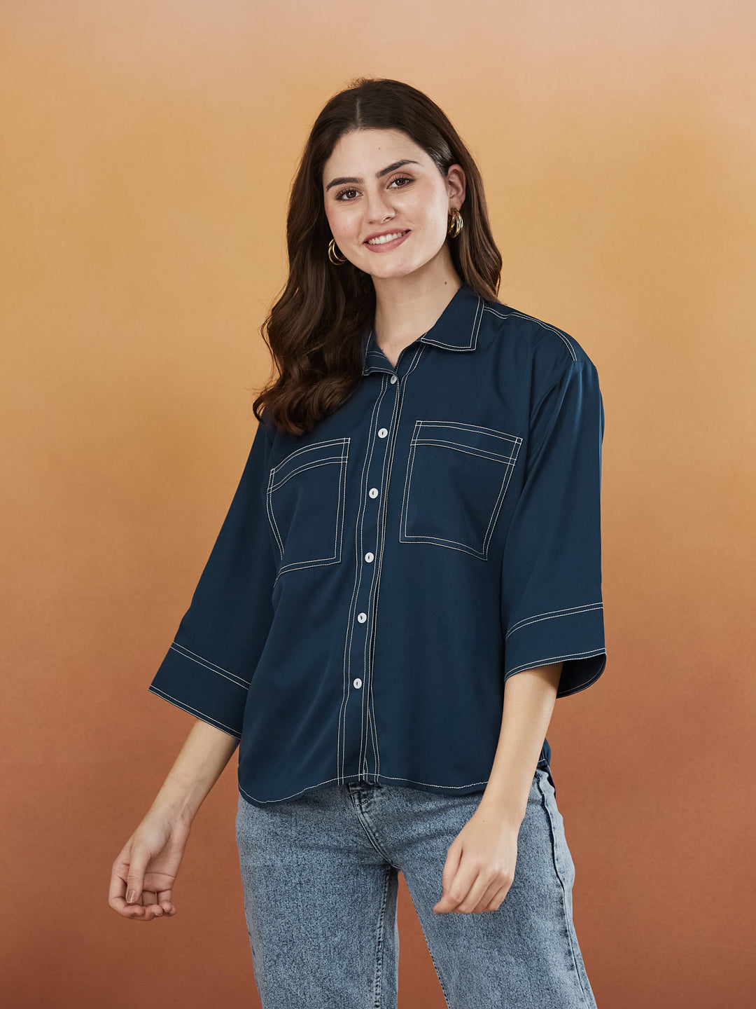Navy Blue Crepe Plain Regular shirt for woman