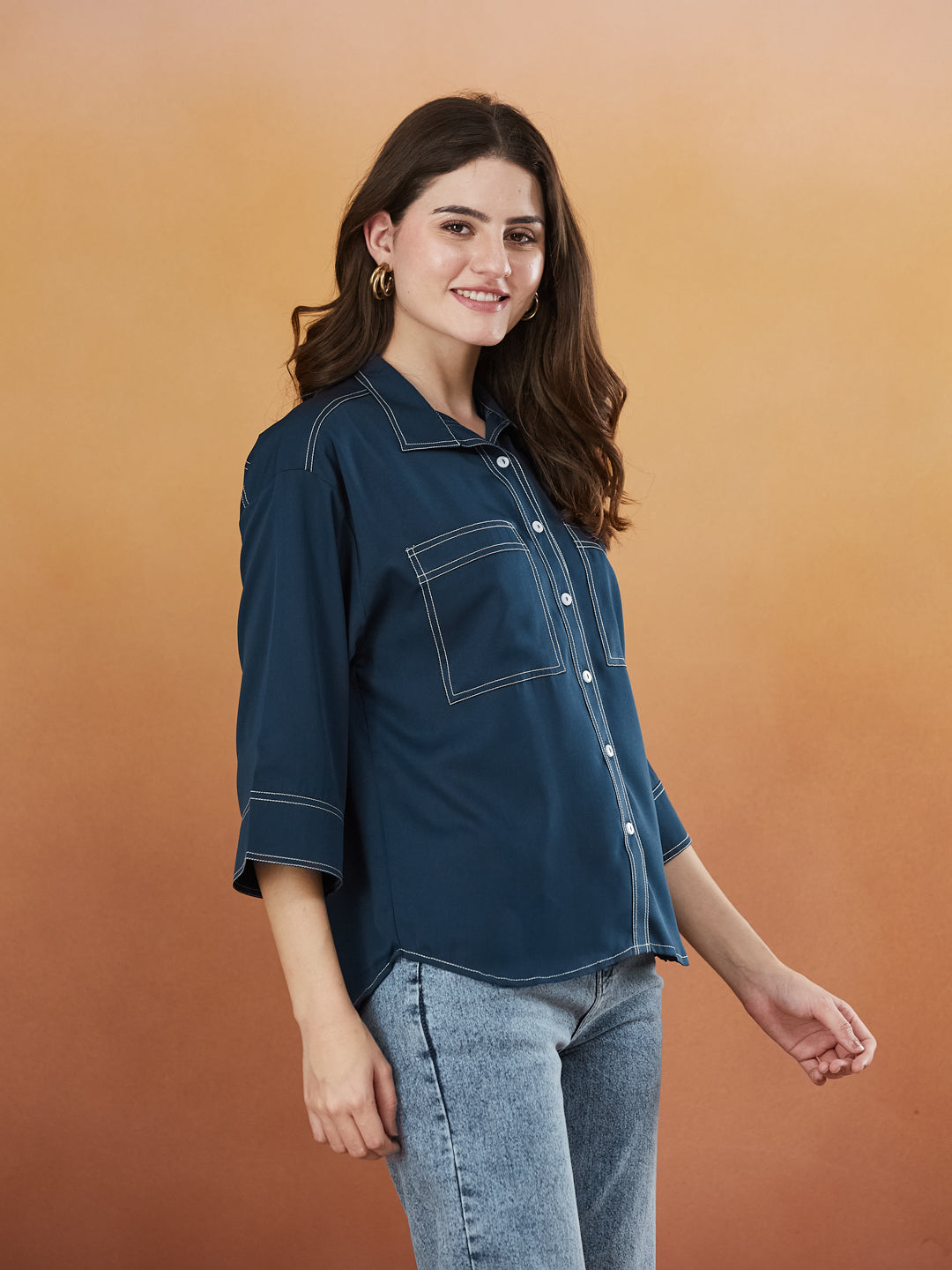 Navy Blue Crepe Plain Regular shirt for woman