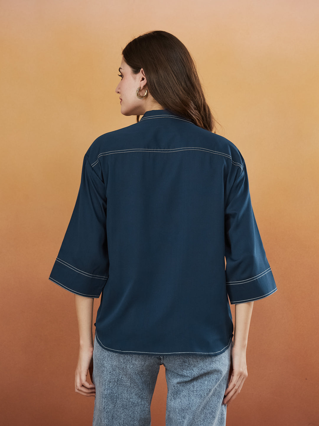 Navy Blue Crepe Plain Regular shirt for woman