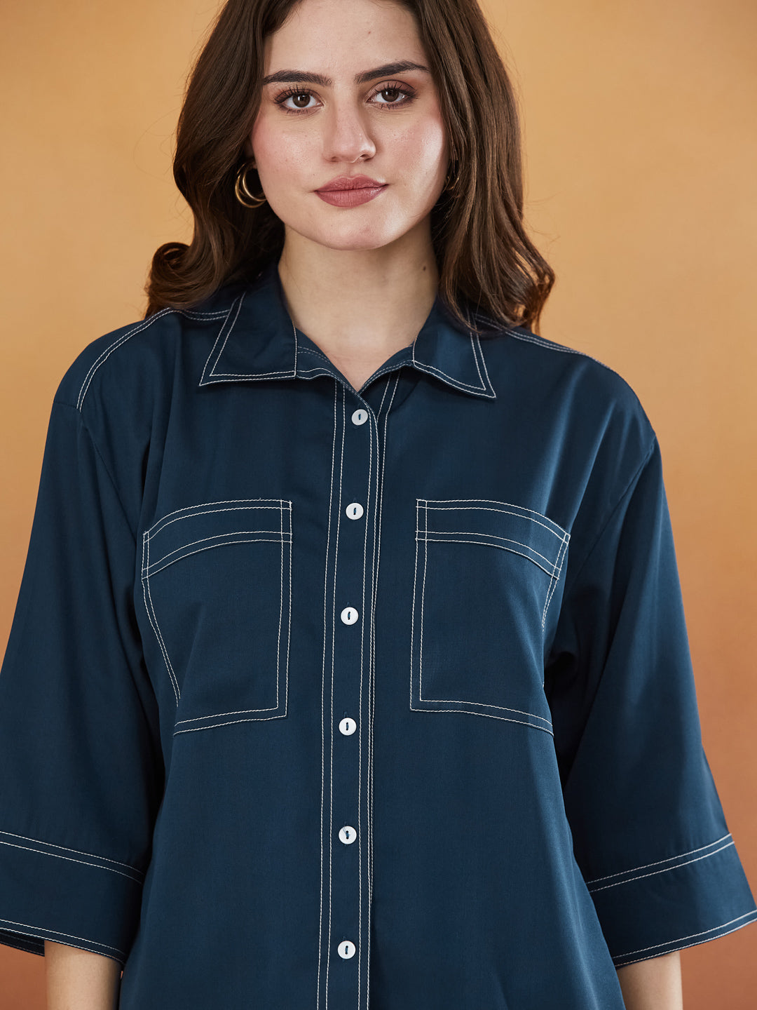 Navy Blue Crepe Plain Regular shirt for woman