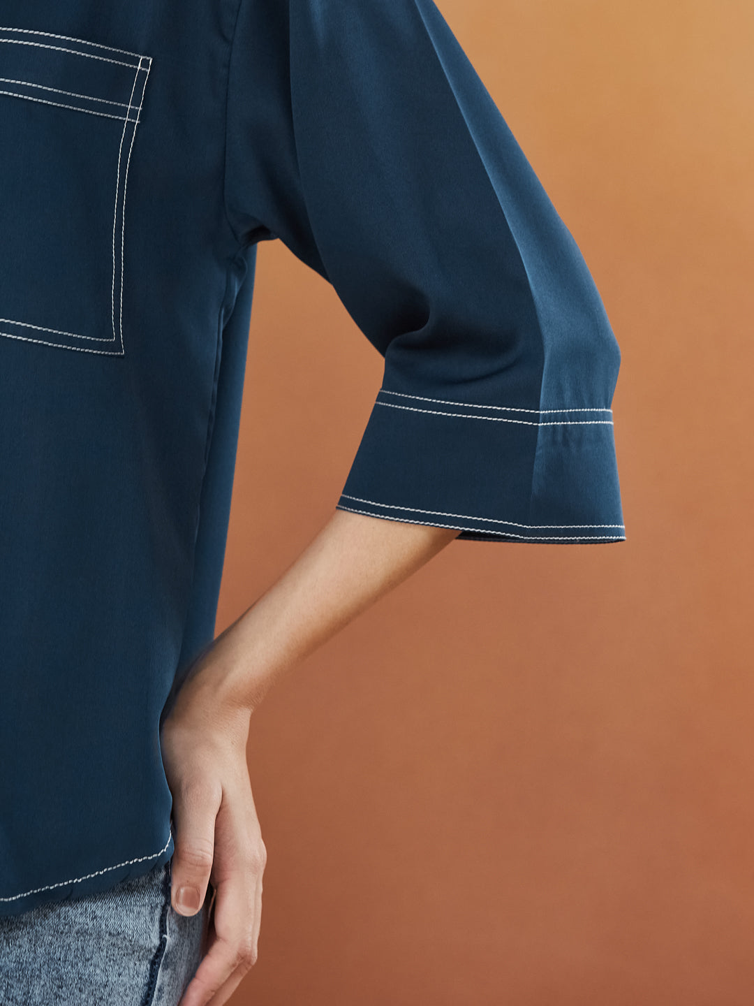 Navy Blue Crepe Plain Regular shirt for woman