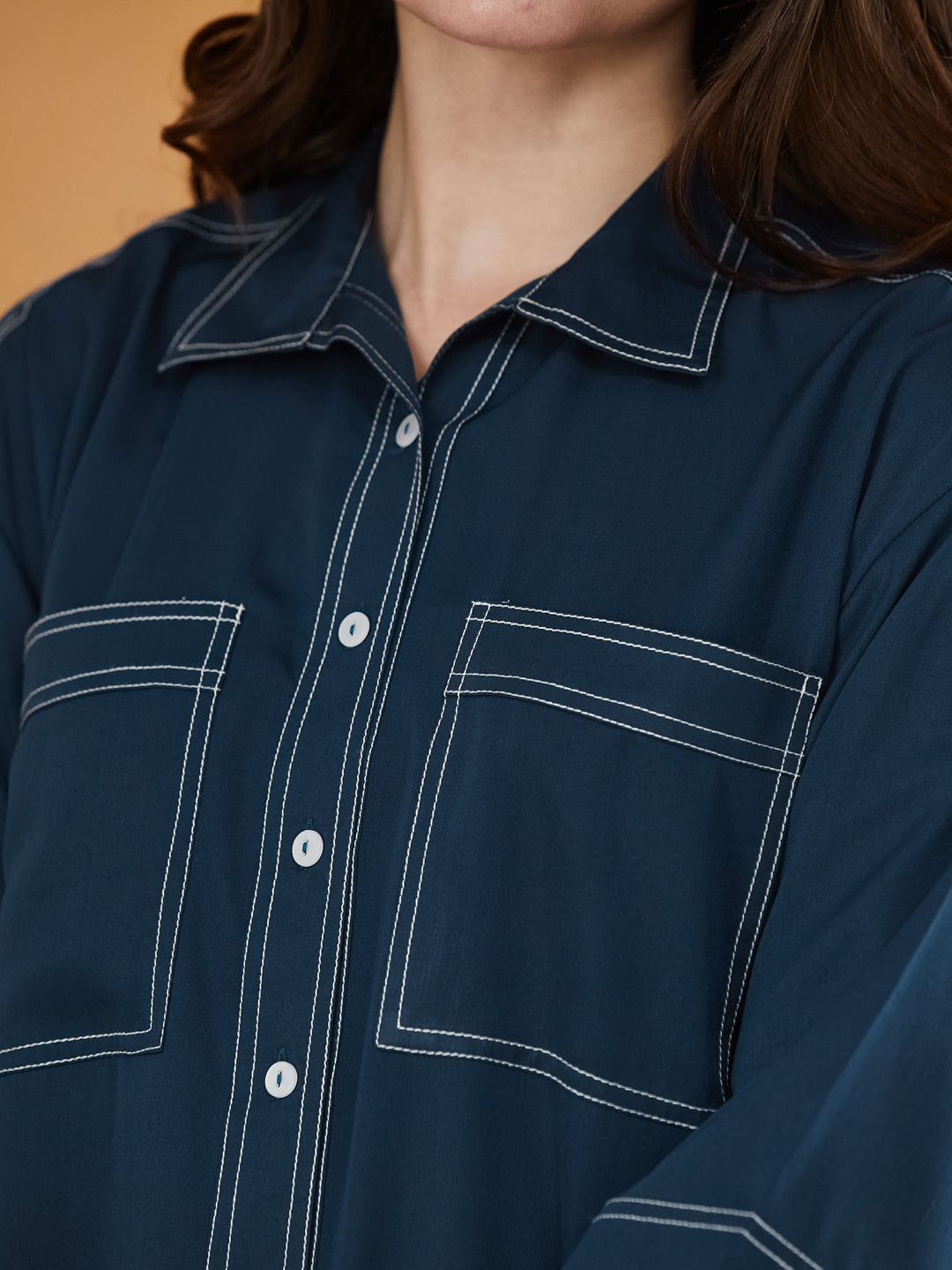 Navy Blue Crepe Plain Regular shirt for woman