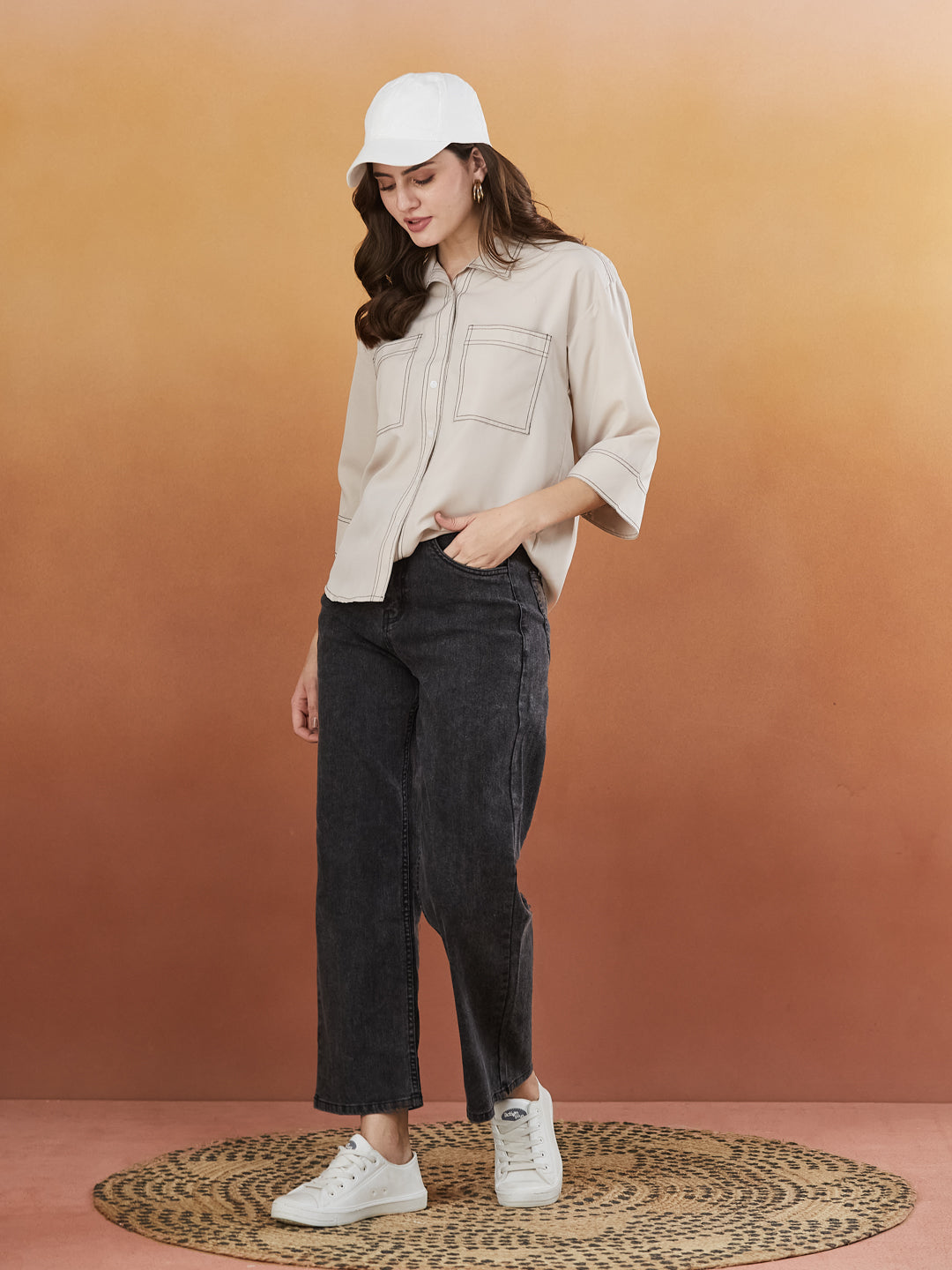 Cream Crepe Plain Regular shirt for woman
