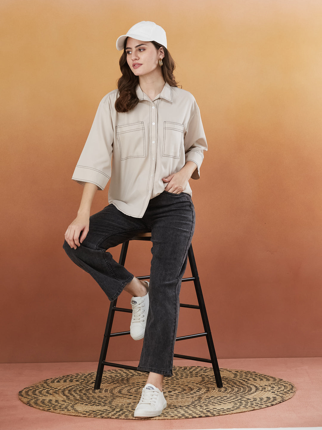 Cream Crepe Plain Regular shirt for woman