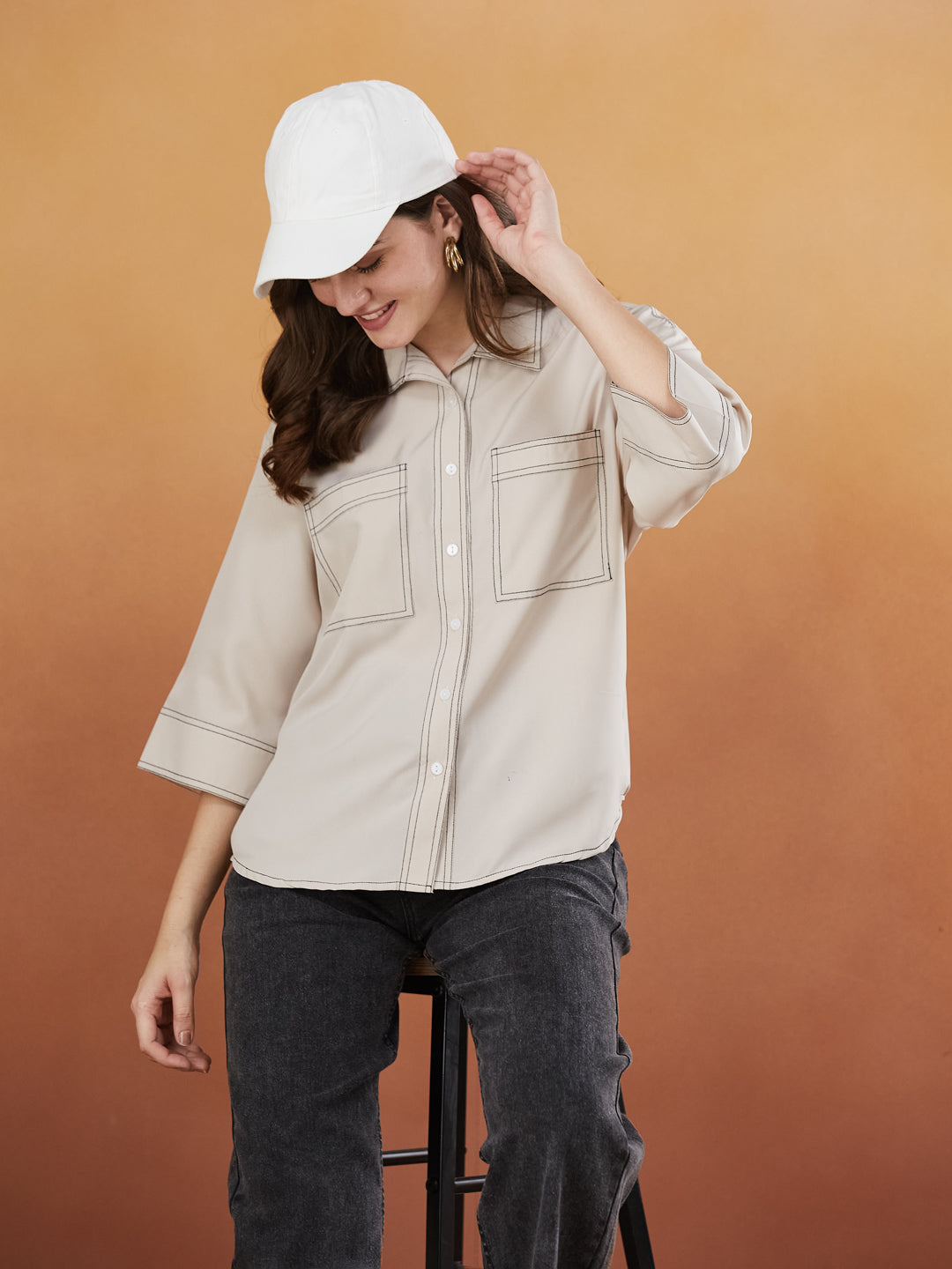 Cream Crepe Plain Regular shirt for woman