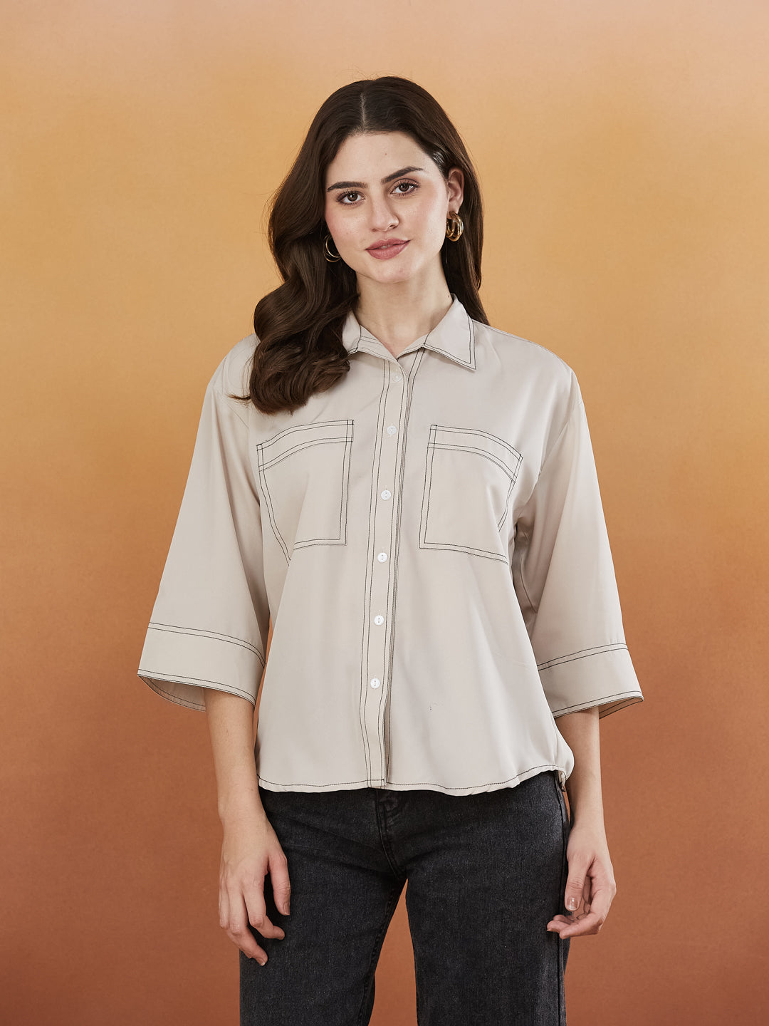 Cream Crepe Plain Regular shirt for woman