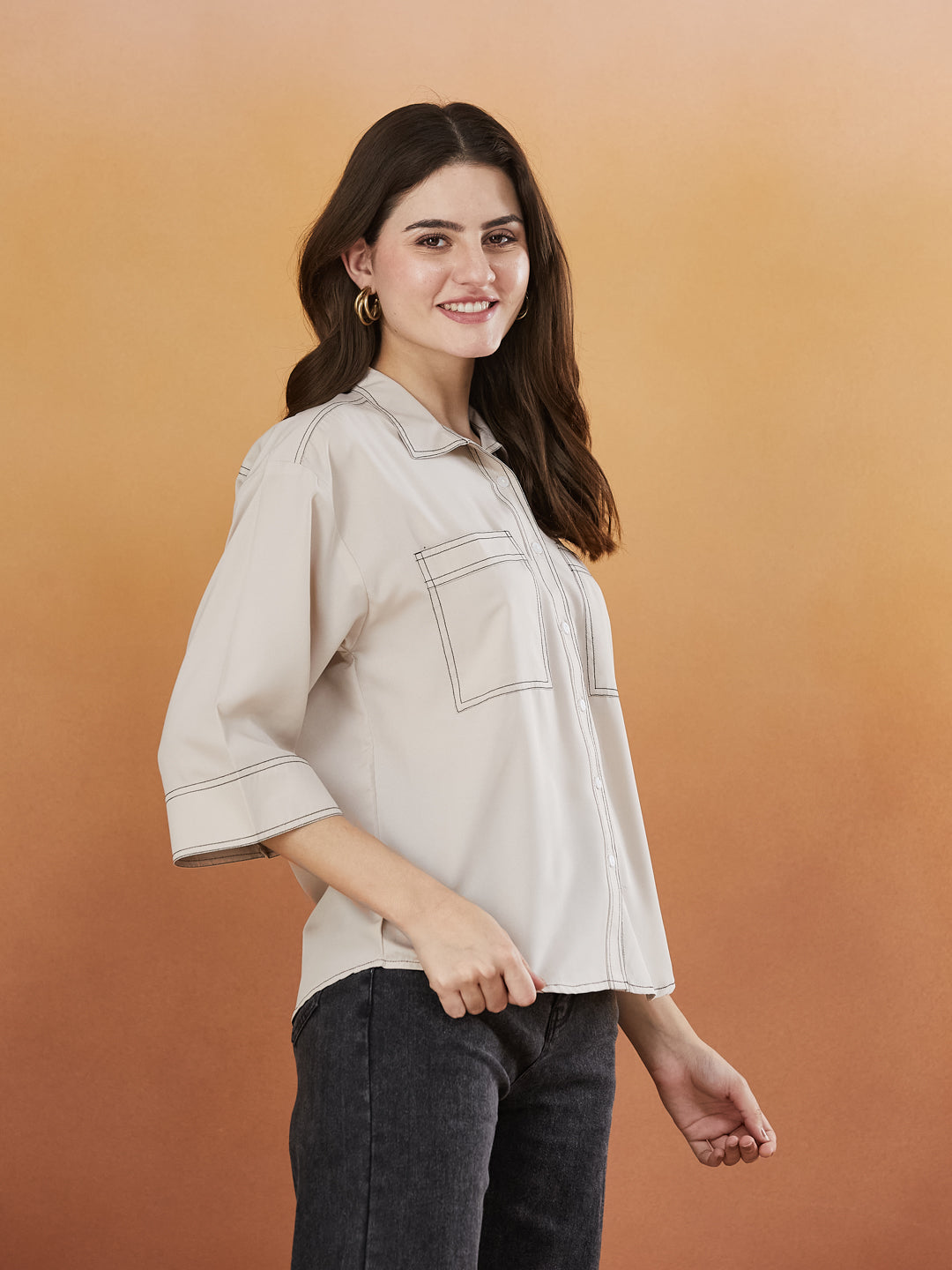 Cream Crepe Plain Regular shirt for woman