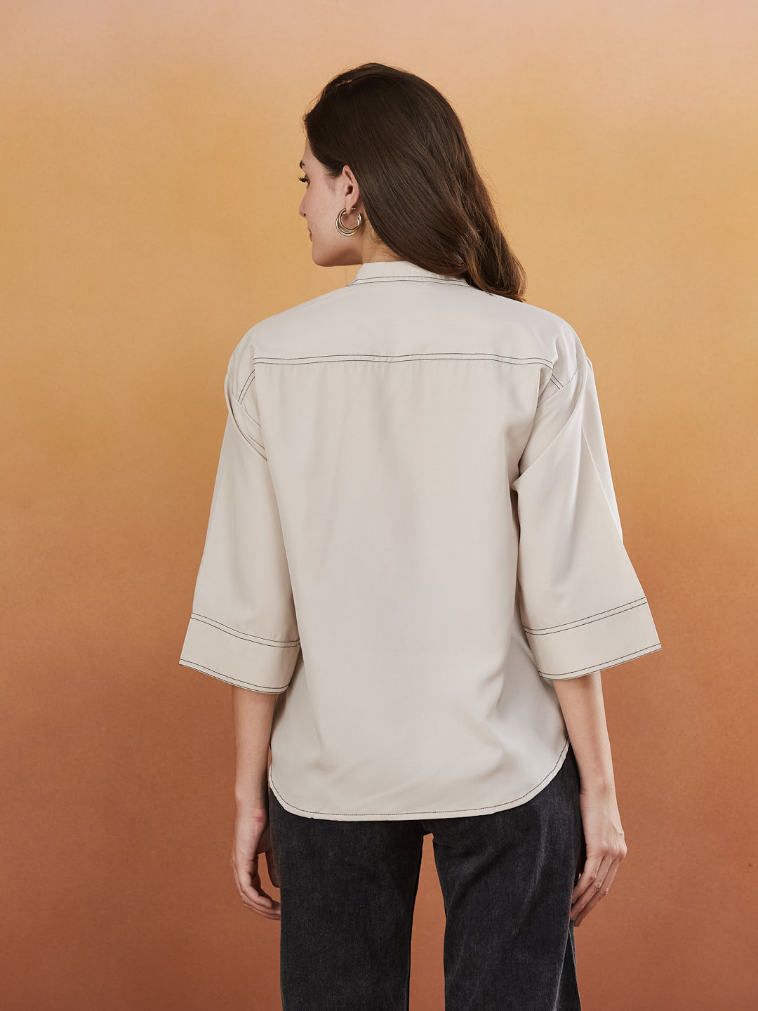 Cream Crepe Plain Regular shirt for woman