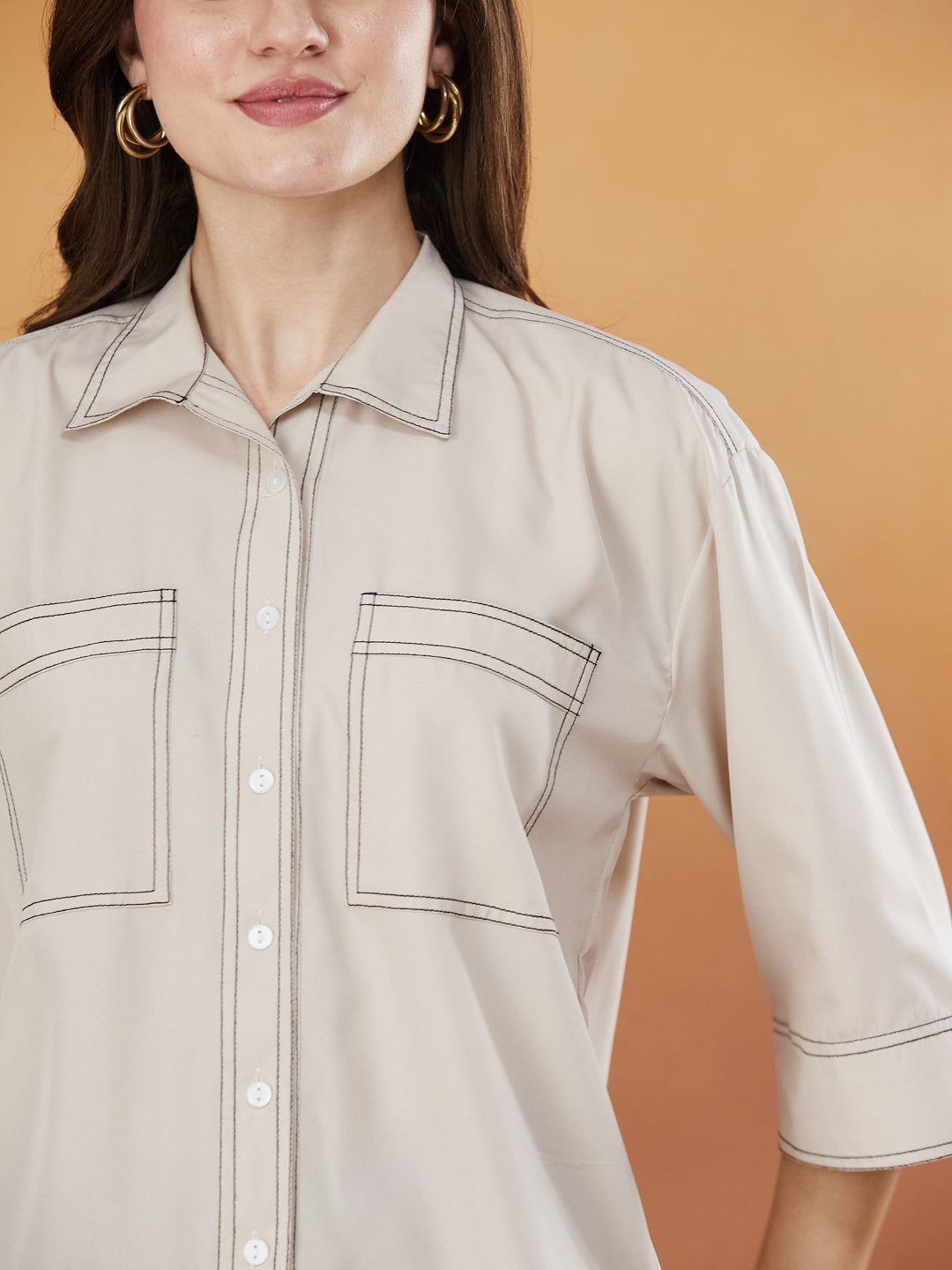 Cream Crepe Plain Regular shirt for woman