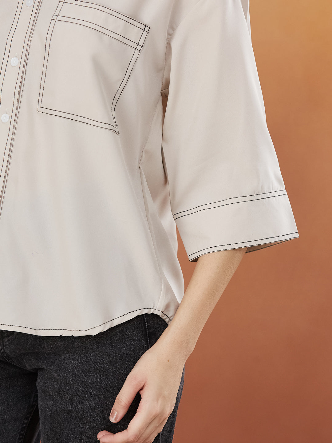 Cream Crepe Plain Regular shirt for woman