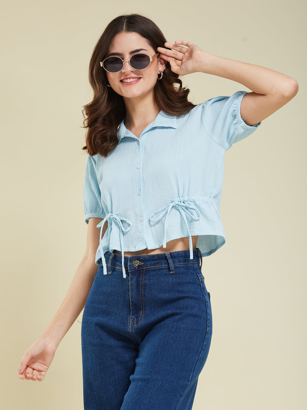 Sky Blue Polyster Plain Regular shirt for woman