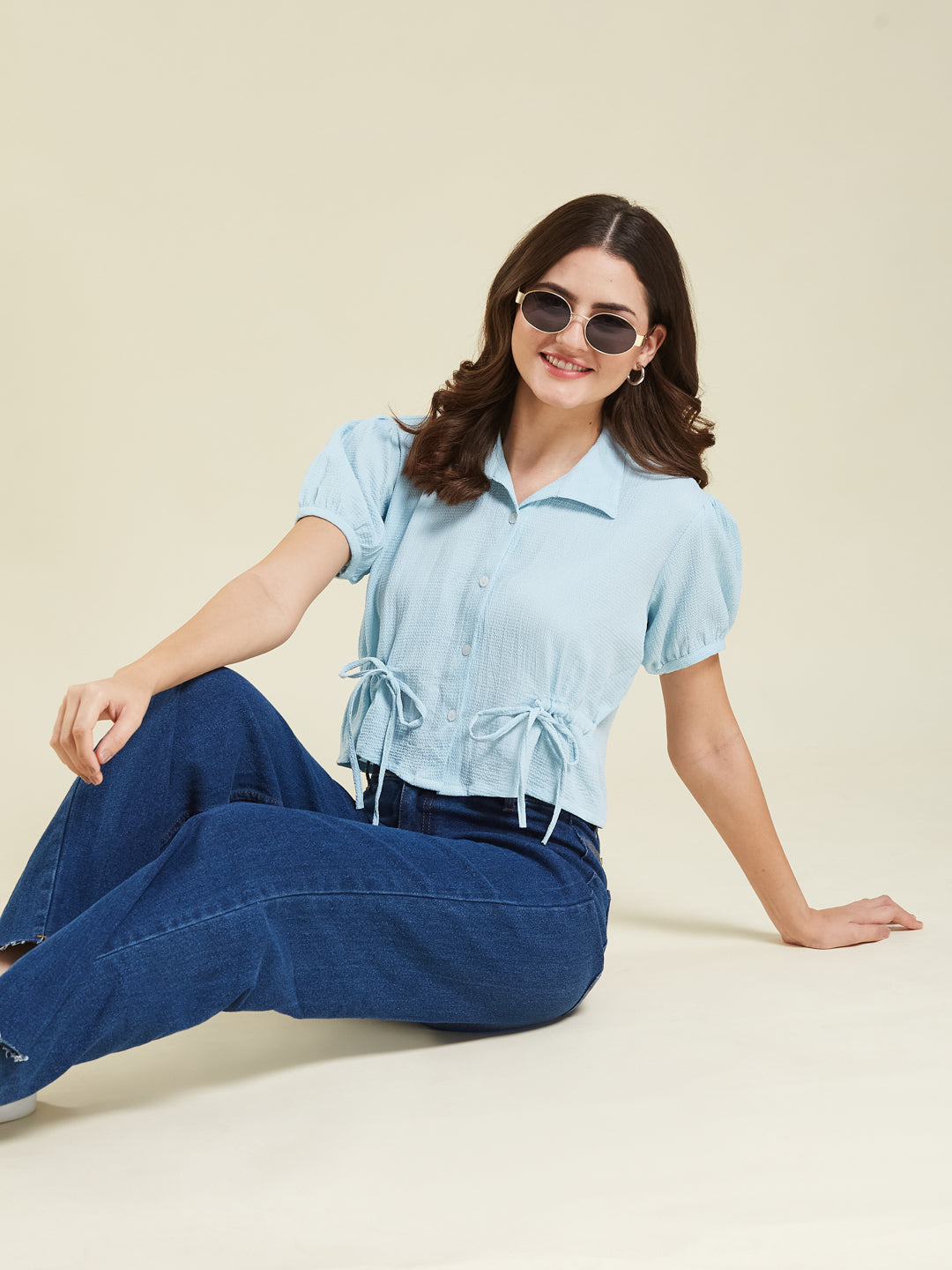 Sky Blue Polyster Plain Regular shirt for woman