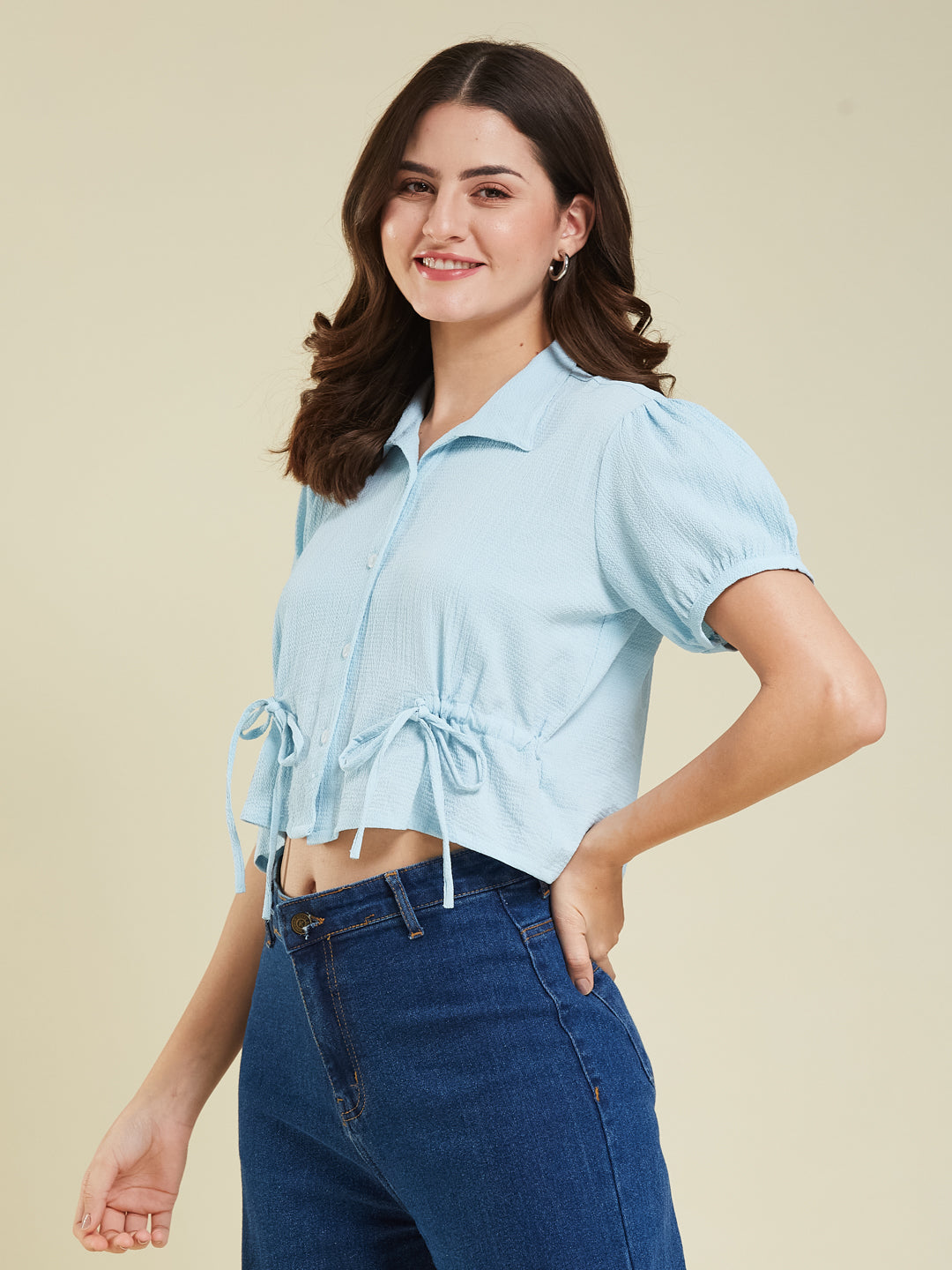 Sky Blue Polyster Plain Regular shirt for woman