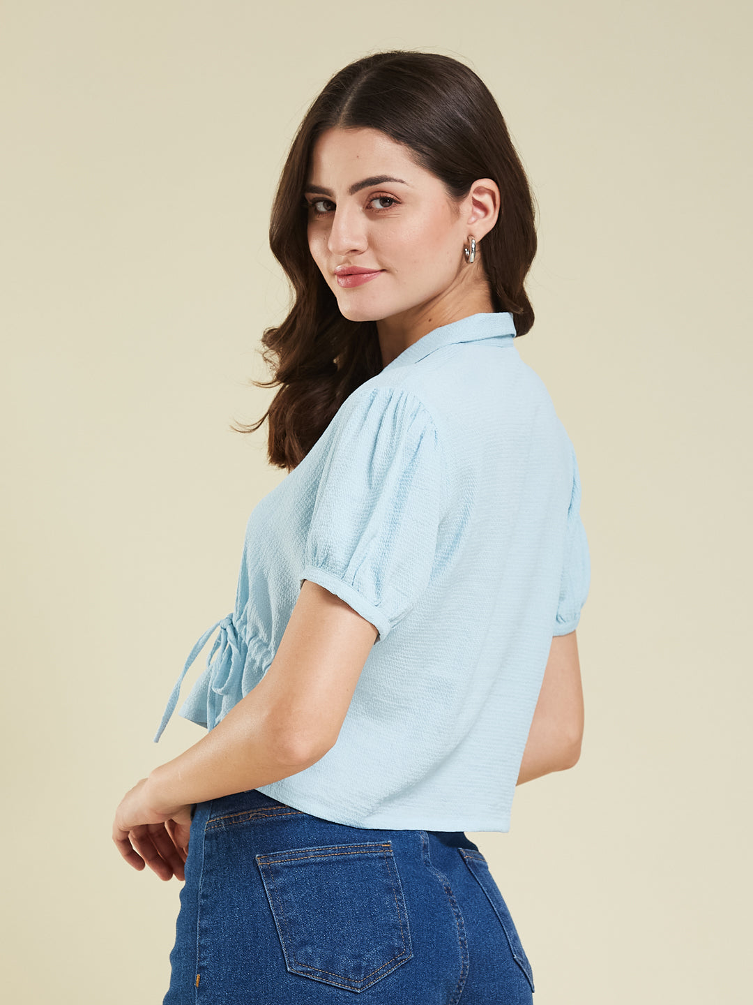 Sky Blue Polyster Plain Regular shirt for woman