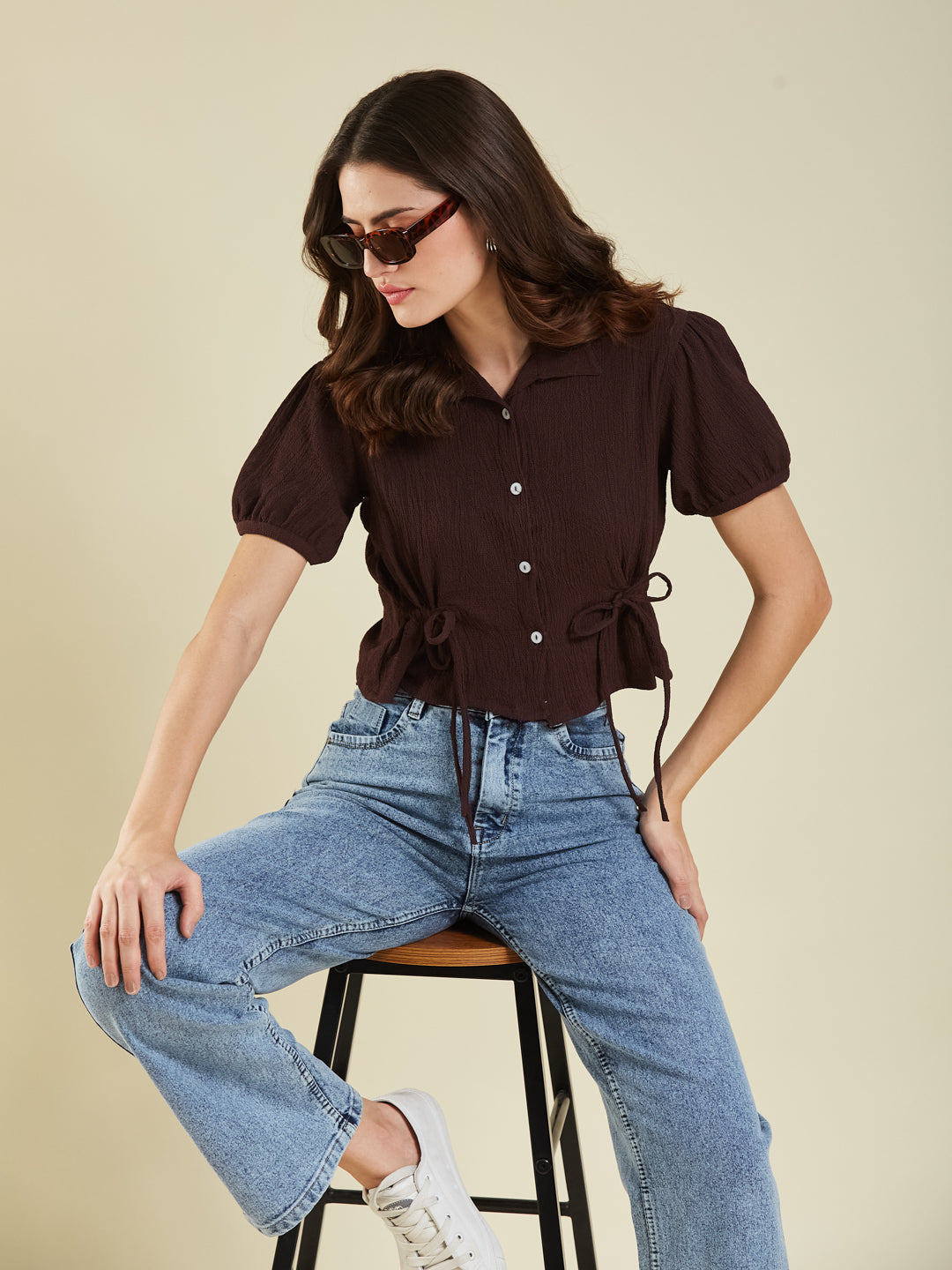 Coffee Polyster Plain Regular shirt for woman