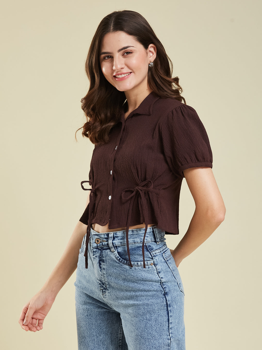 Coffee Polyster Plain Regular shirt for woman