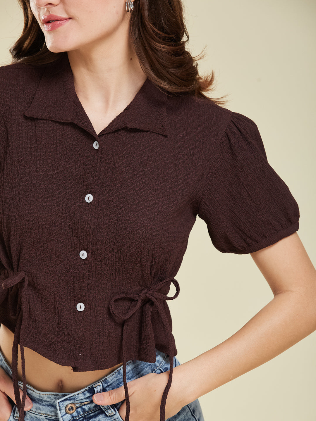 Coffee Polyster Plain Regular shirt for woman
