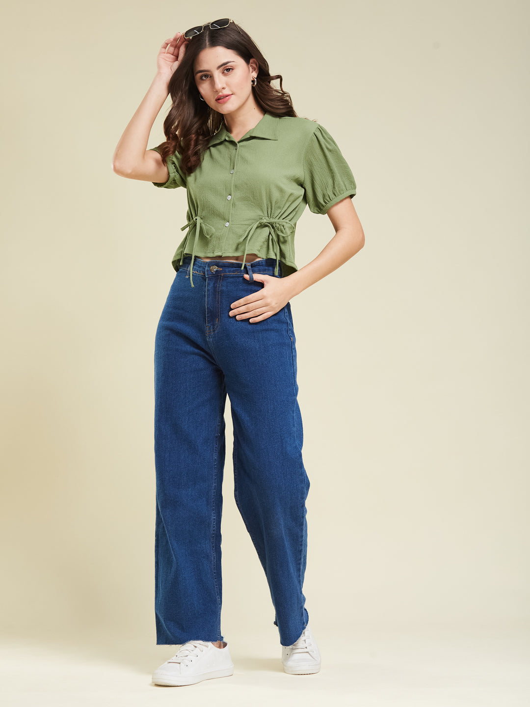 Green Polyster Plain Regular shirt for woman