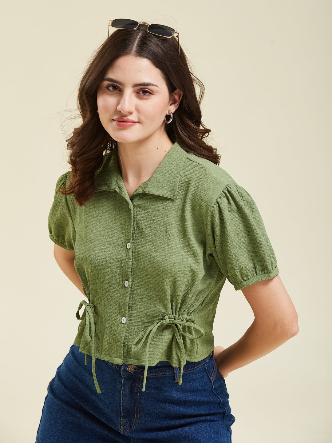 Green Polyster Plain Regular shirt for woman