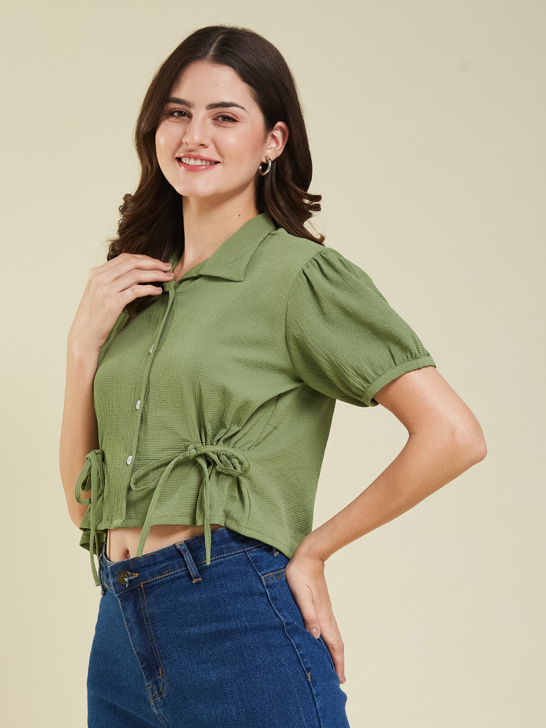 Green Polyster Plain Regular shirt for woman