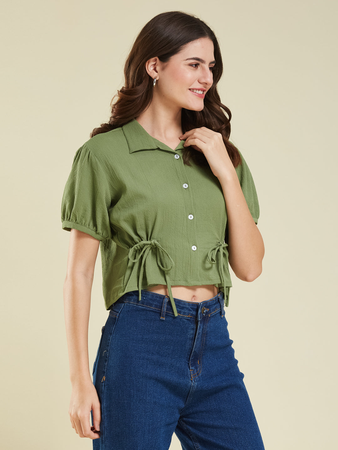 Green Polyster Plain Regular shirt for woman