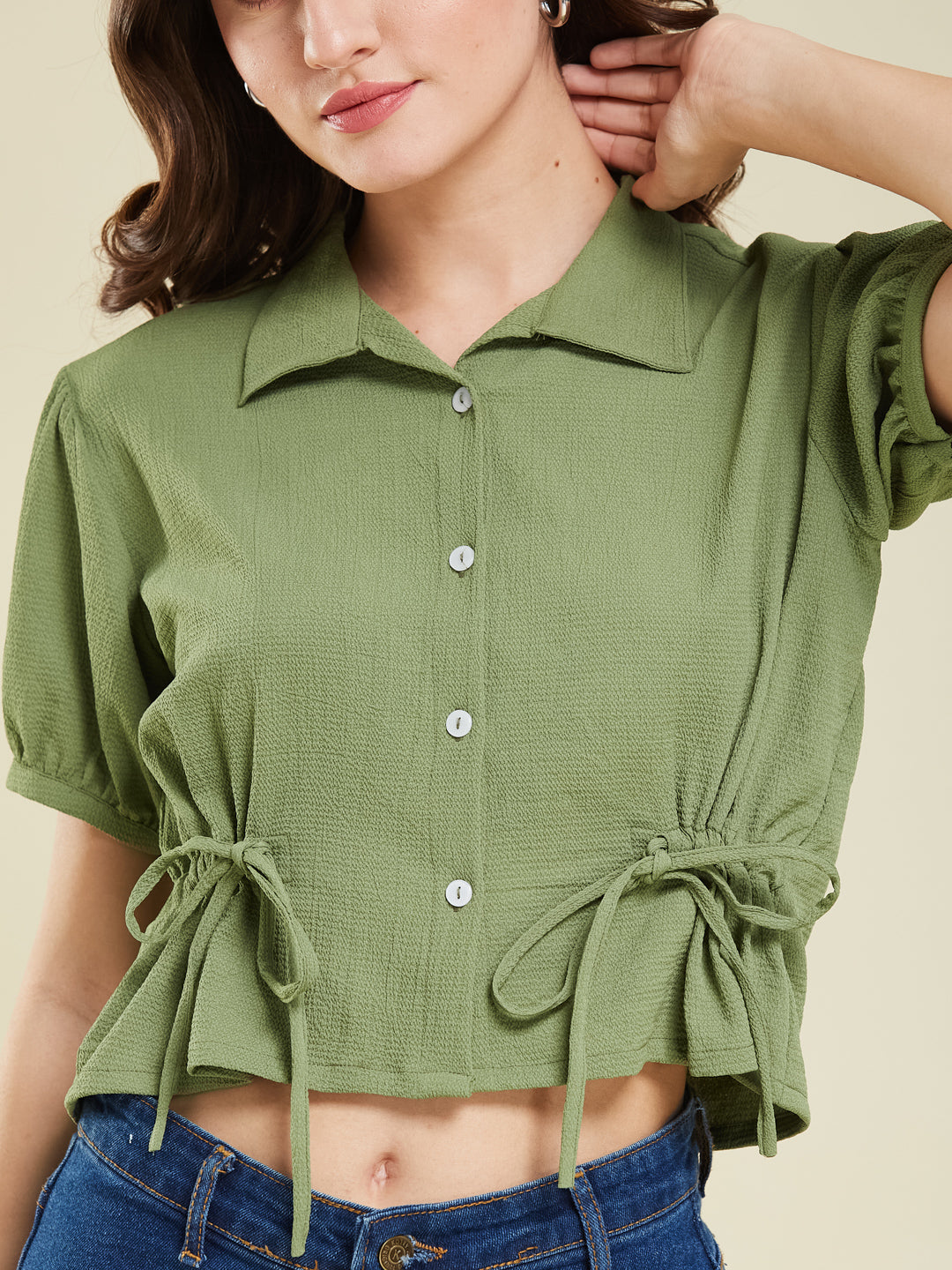 Green Polyster Plain Regular shirt for woman