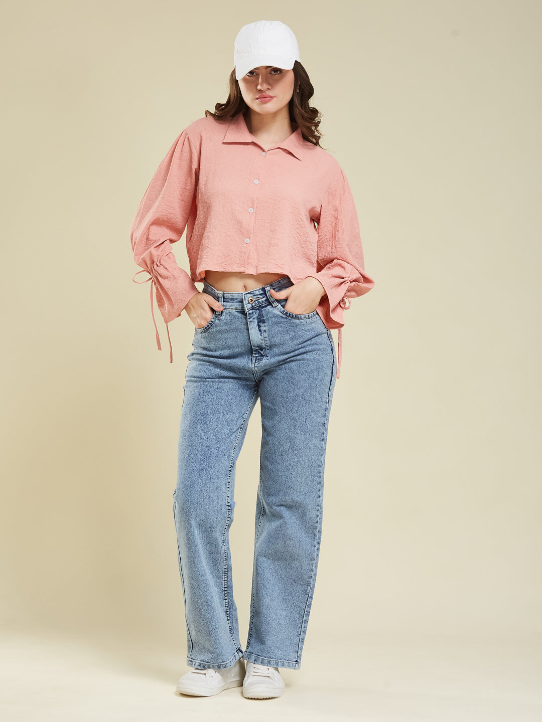 Women's Peach Balloon Sleeve Crop Shirt