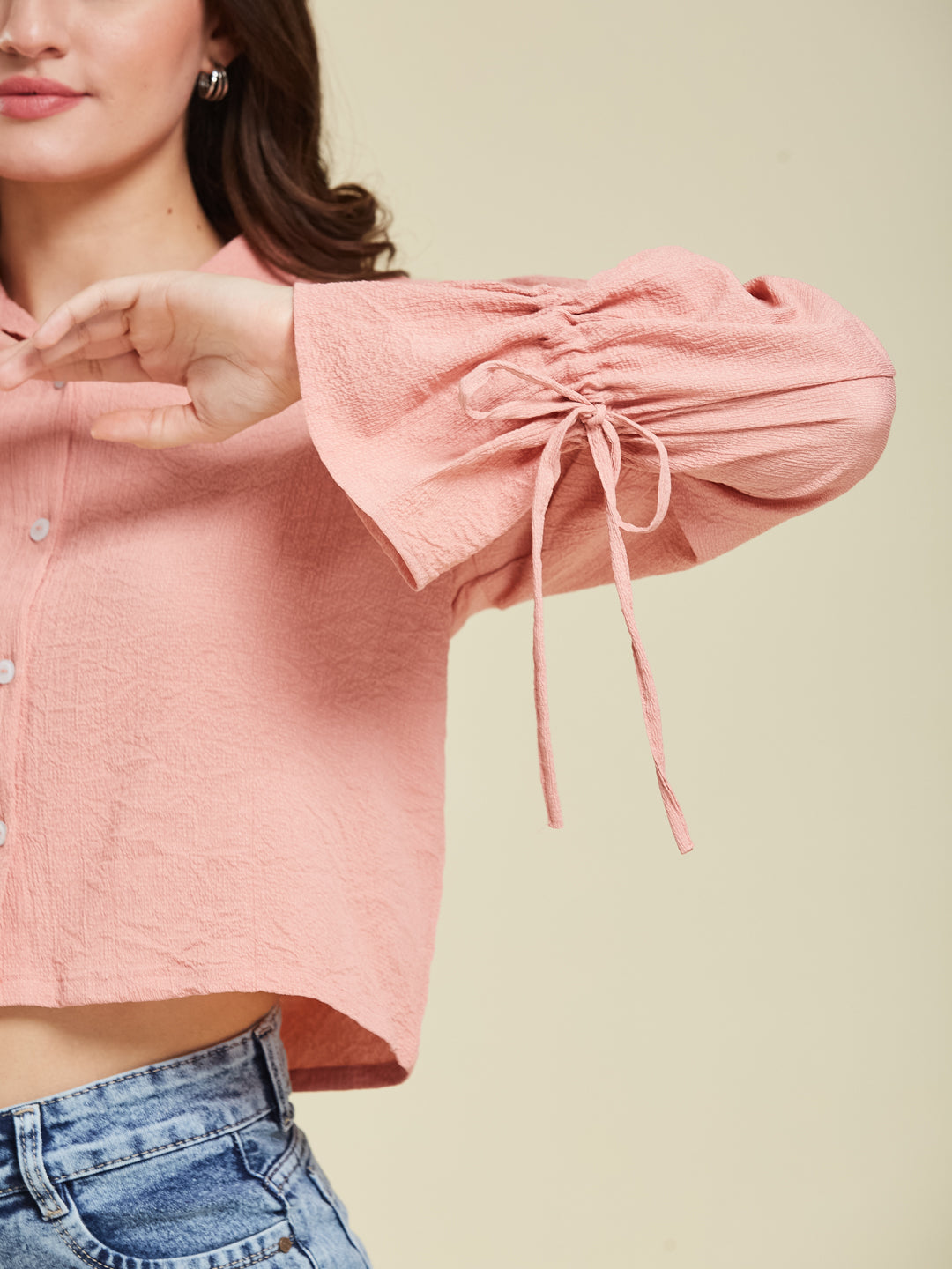 Women's Peach Balloon Sleeve Crop Shirt