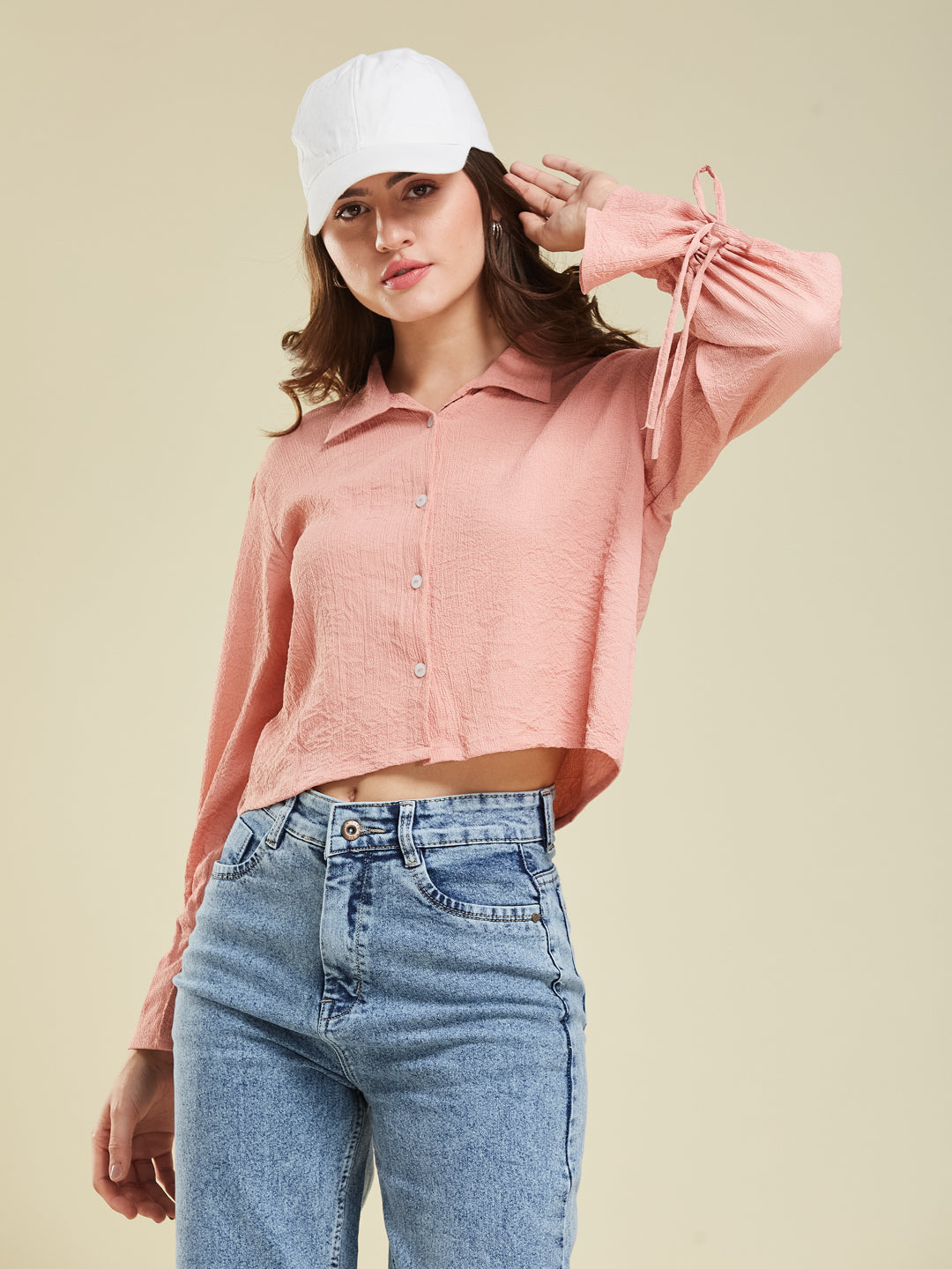 Women's Peach Balloon Sleeve Crop Shirt