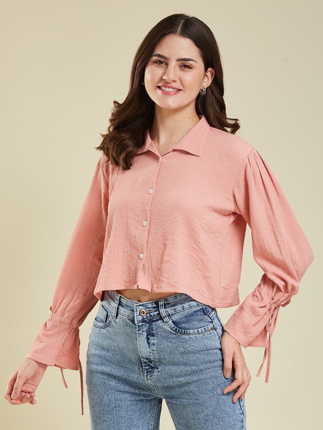 Women's Peach Balloon Sleeve Crop Shirt