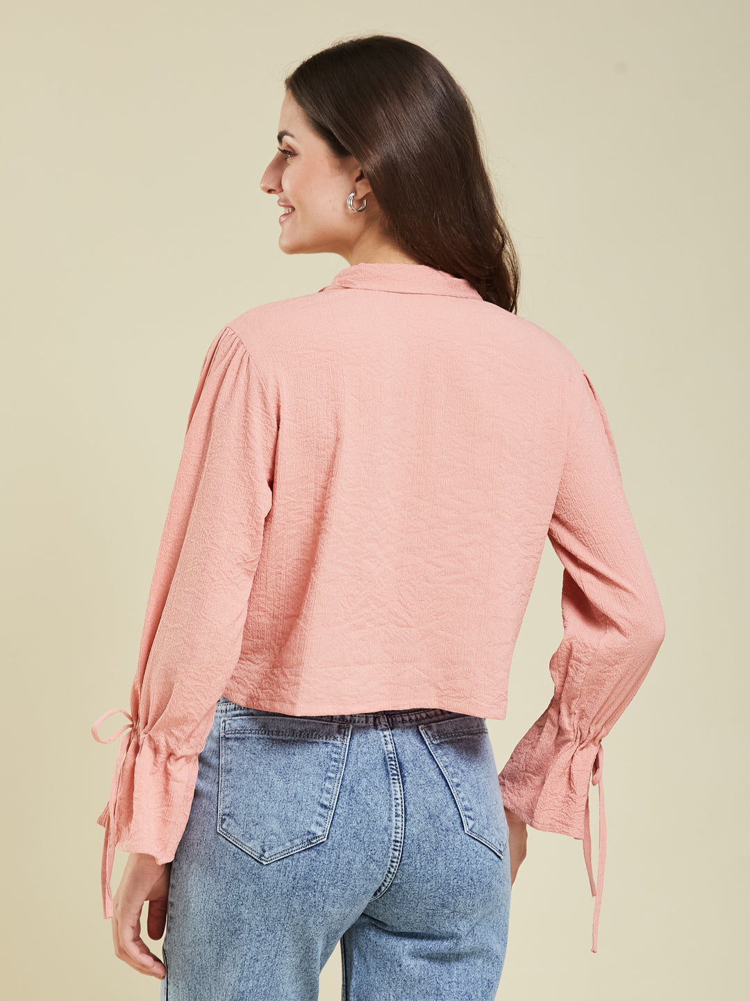 Women's Peach Balloon Sleeve Crop Shirt