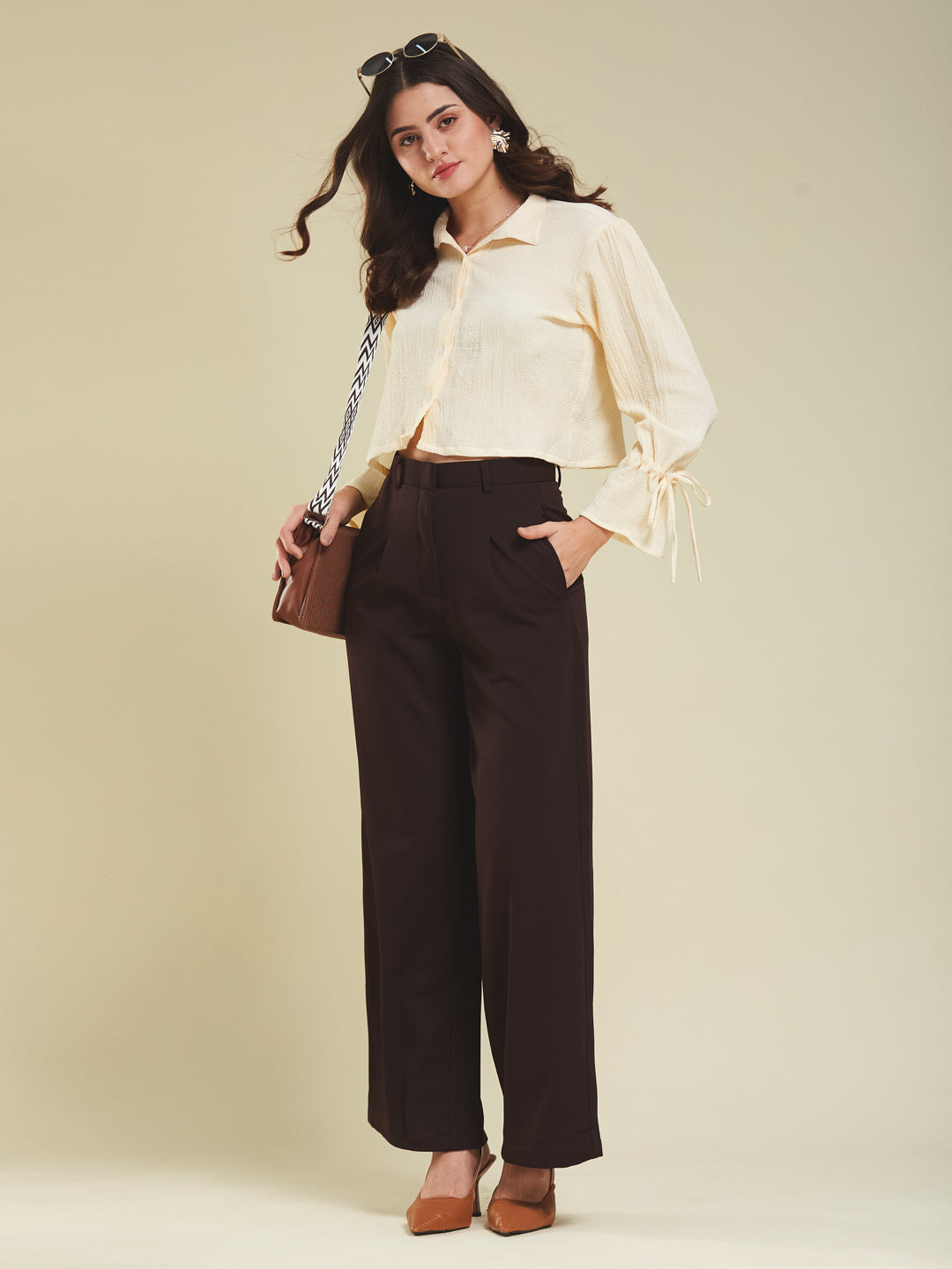 Women's Off White Plain Crop Casual shirt With ballon sleeve